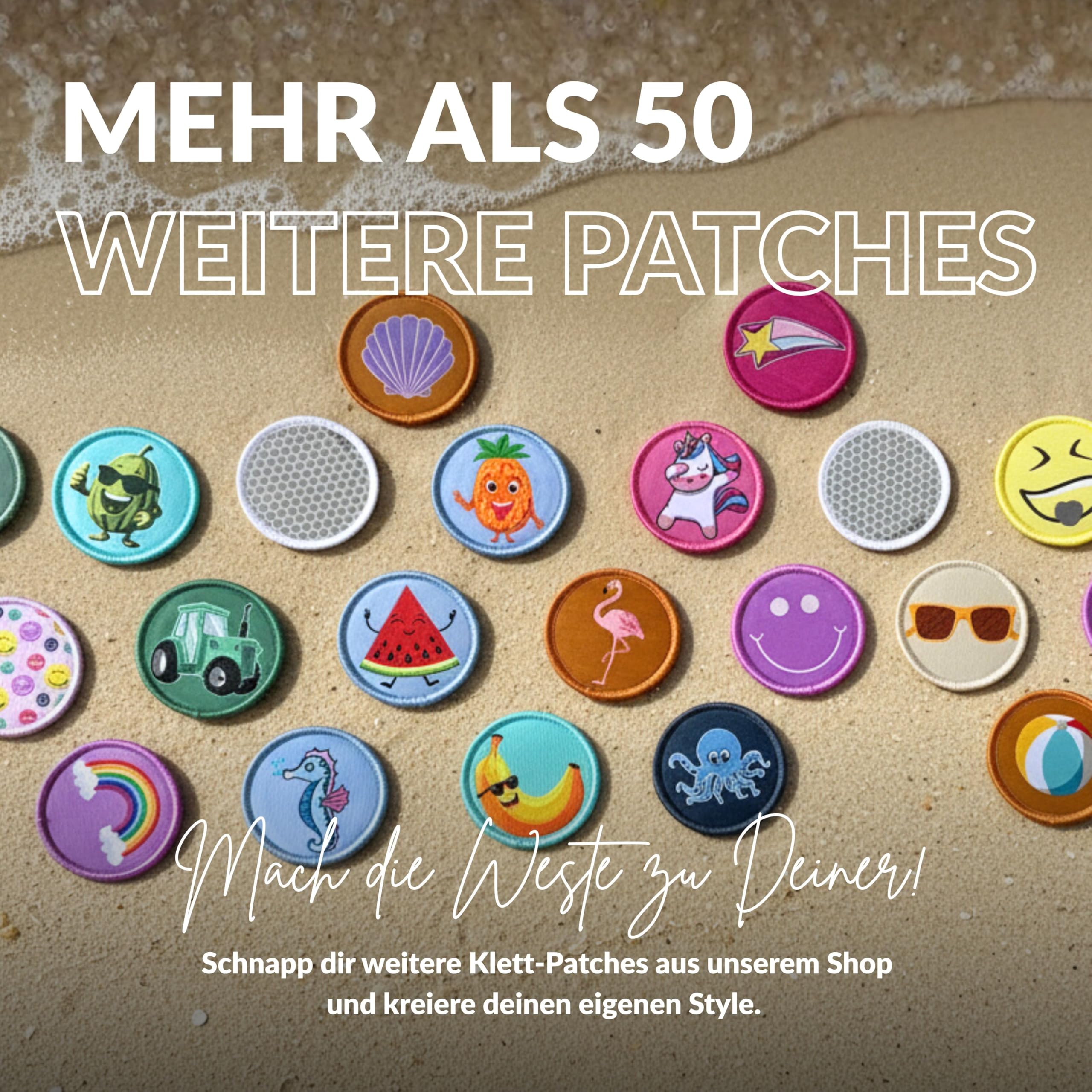 NOARD Kinder Schwimmweste (2-6 J. / 15-30 kg) Schwimmhilfe mit Schrittgurt | Wechsel-Patches für hohen Tragespaß | EN 13138-1:2021 | 8 herausnehmbare Schwimmkörper | weiches Neopren | Schwimmlernhilfe