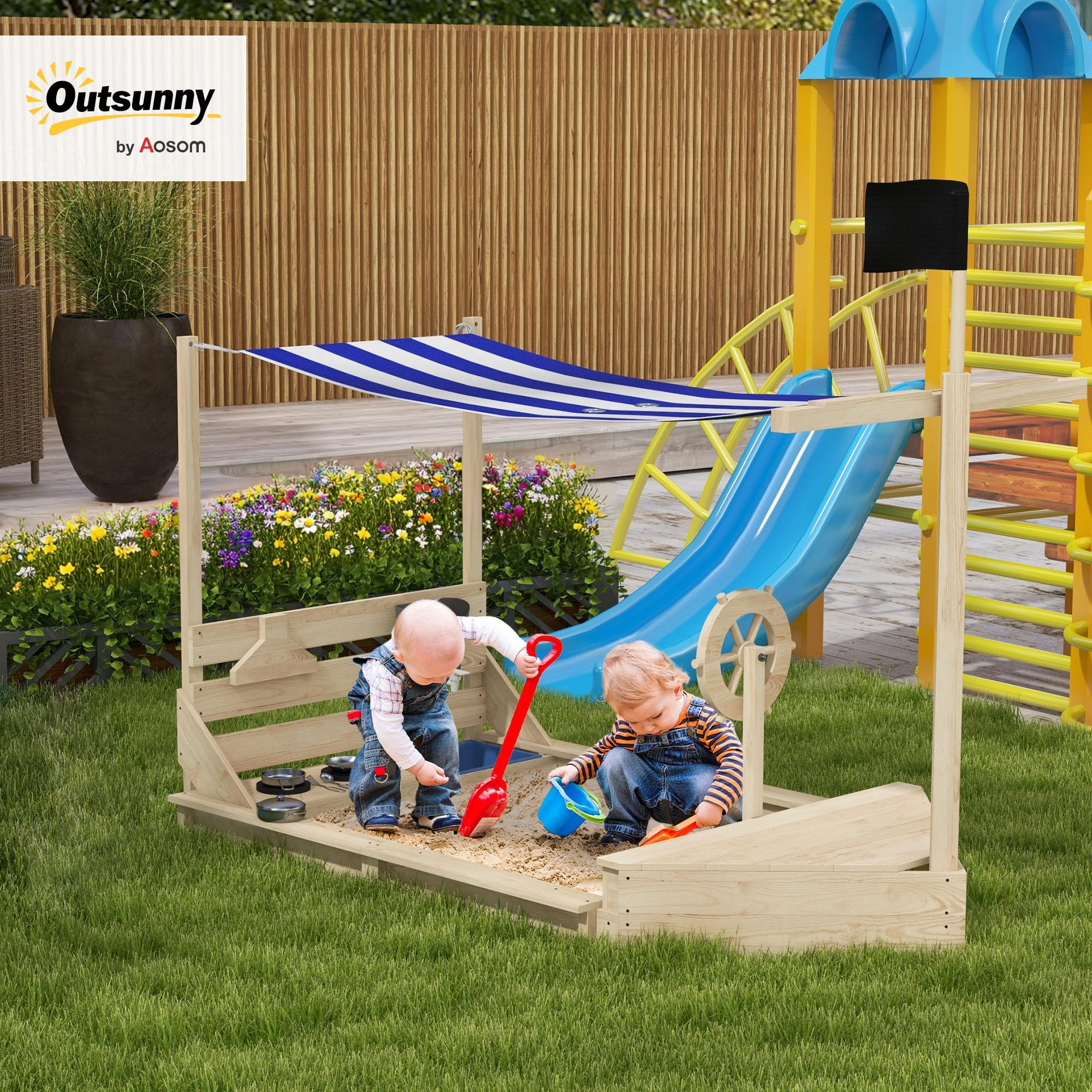 Outsunny Sabbiera per Bambini in Legno di Abete con Tettuccio regolabile e Set da Cucina Giocattolo, Sabbionaia per Bambini con 2 Sedili, 180x103x144.5 cm, Color Legno