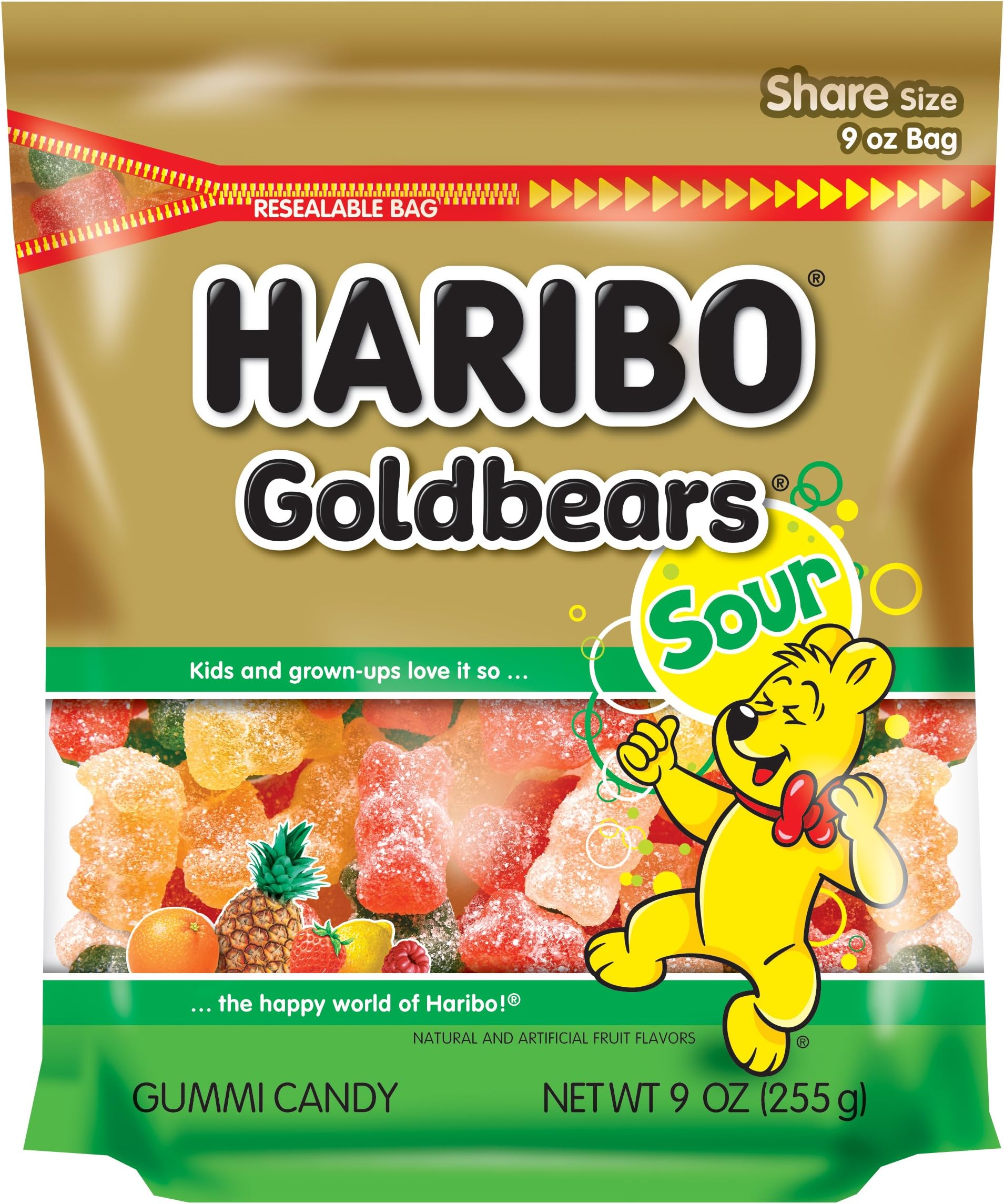 Gummi Candy, Sour Goldbears, 9 oz. Stand Up Bag (Pack of 6)