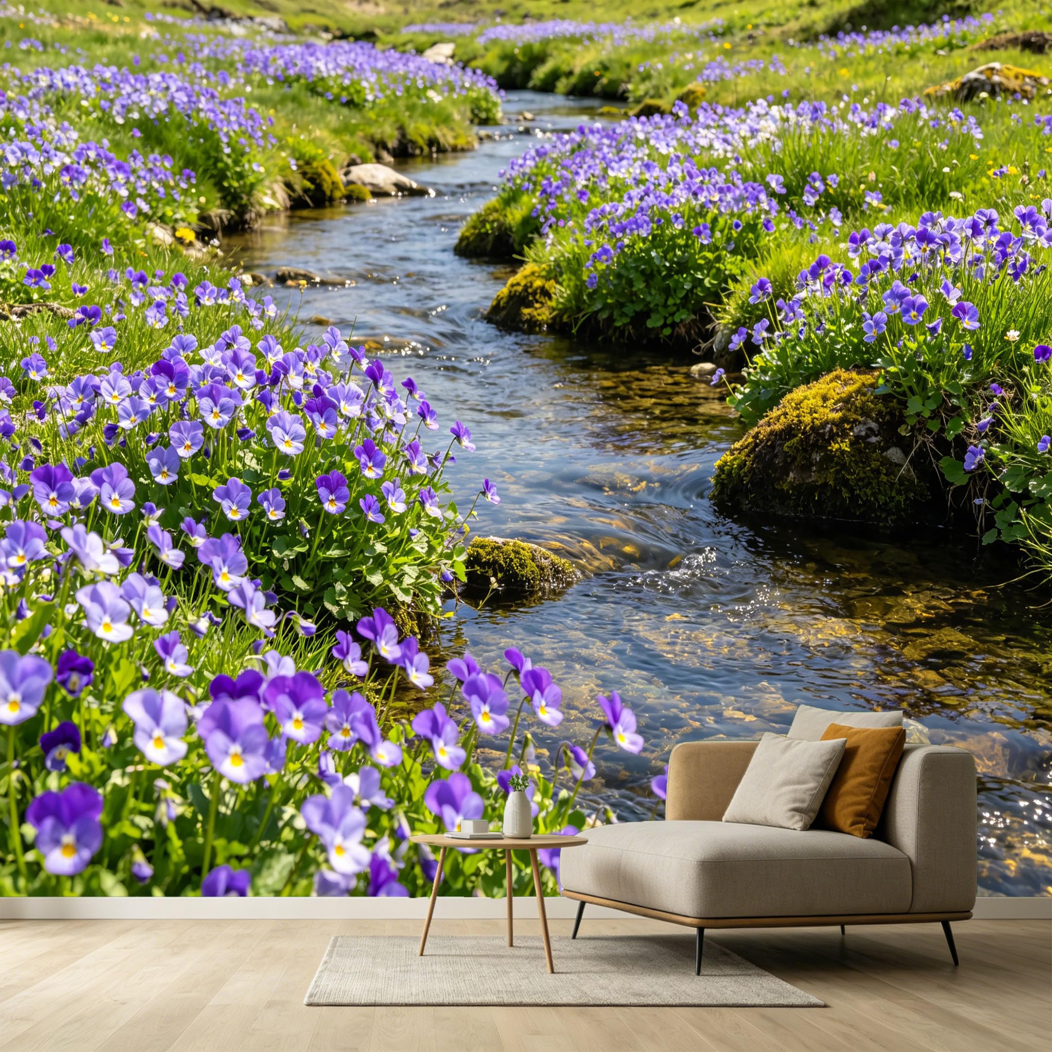 Custom Size Wall Murals Violet Wildflower Stream Landscape Botanical Watercolor SelfAdhesive Wall Fabric Removable Large Wallpaper for Photo Living Room