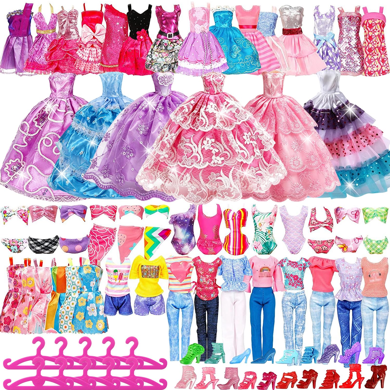 Set De 56 Piezas De Ropa Para Muñecas Compatibles Con Barbie – 1 Vestido, 3 Vestidos De Moda, 3 Tops, 3 Pantalones, 20 Zapatos Y 18 Accesorios – Regalo Para Navidad O Cumpleaños
