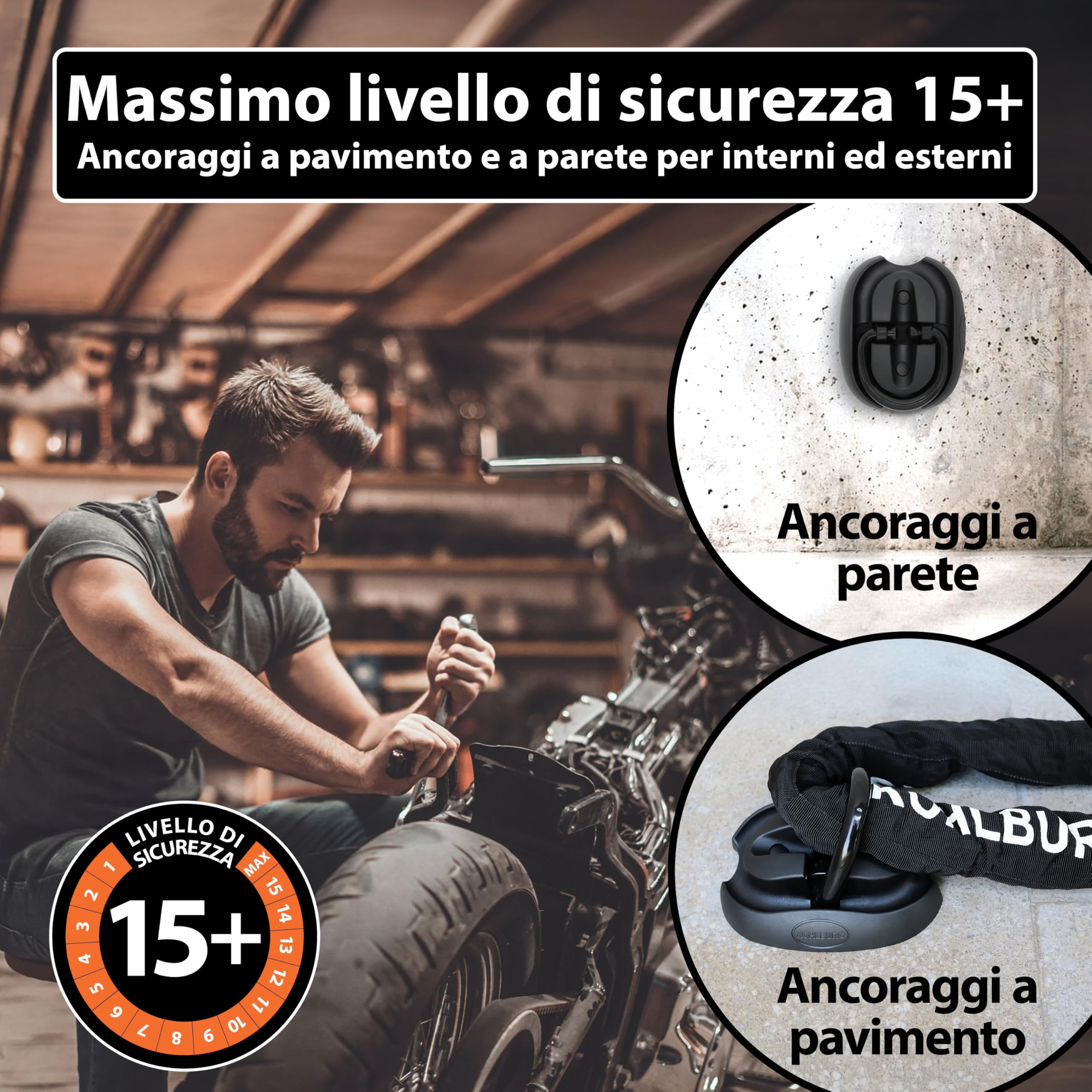 KOHLBURG Ancoraggio di Sicurezza Pavimento e Parete Massimo Livello Sicurezza 15+ per Moto Scooter e‑Bike con Arco 14 mm in Acciaio Speciale temprato antifurto Bici a Muro e Pavimento Cantina Garage