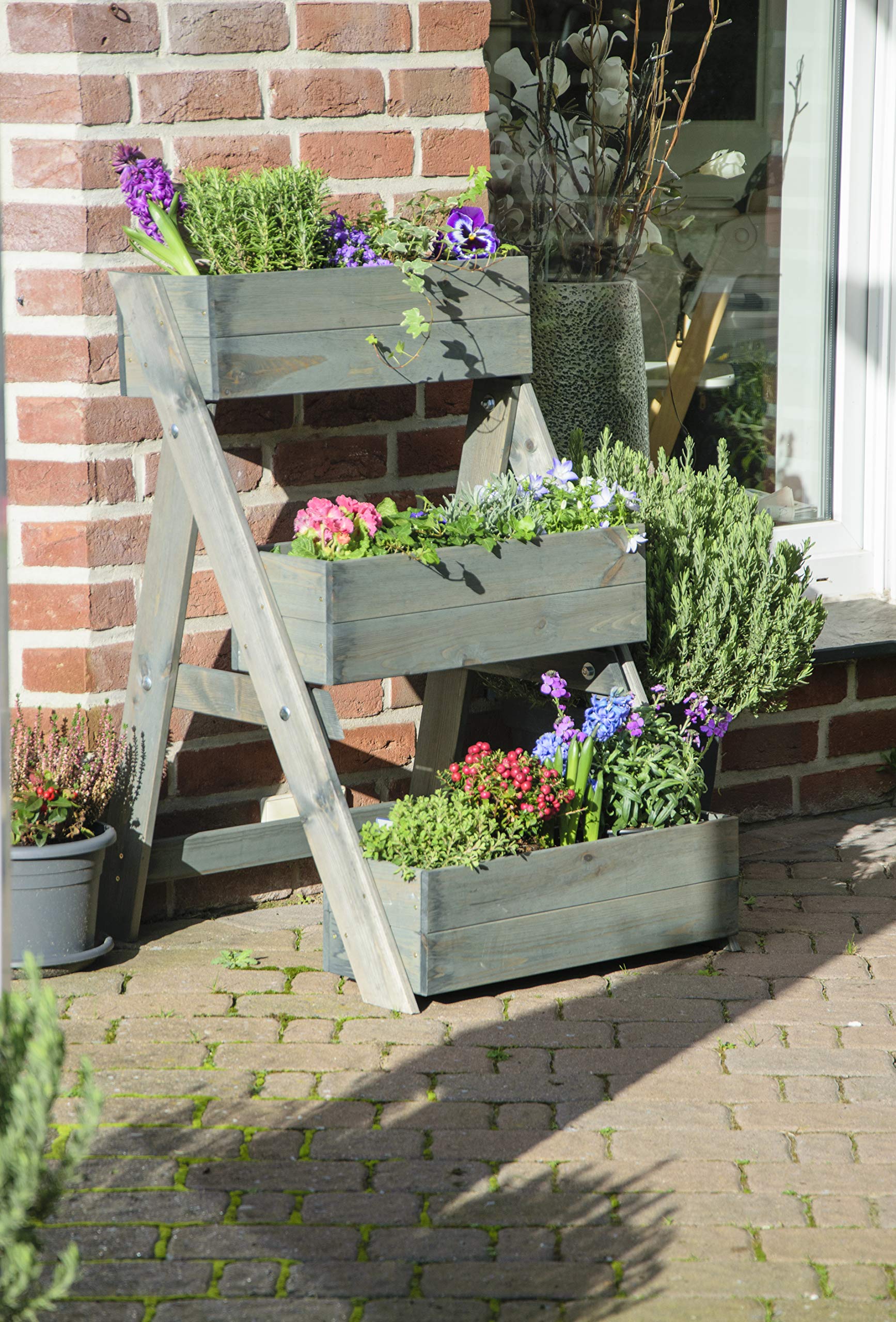 dobar® Dreistufige Pflanztreppe Outdoor aus Massiv-Holz für Balkon und Garten - Blumenbeet mit 3 Pflanzkästen wetterfest lasiert für draußen - 60 x 70 x 90 cm - Anthrazit