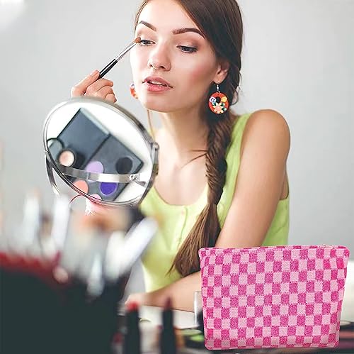 Miniatura 6 de Jeeoy Bolsa de maquillaje de 3 piezas Bolsa de cosméticos a cuadros grande, Rosado