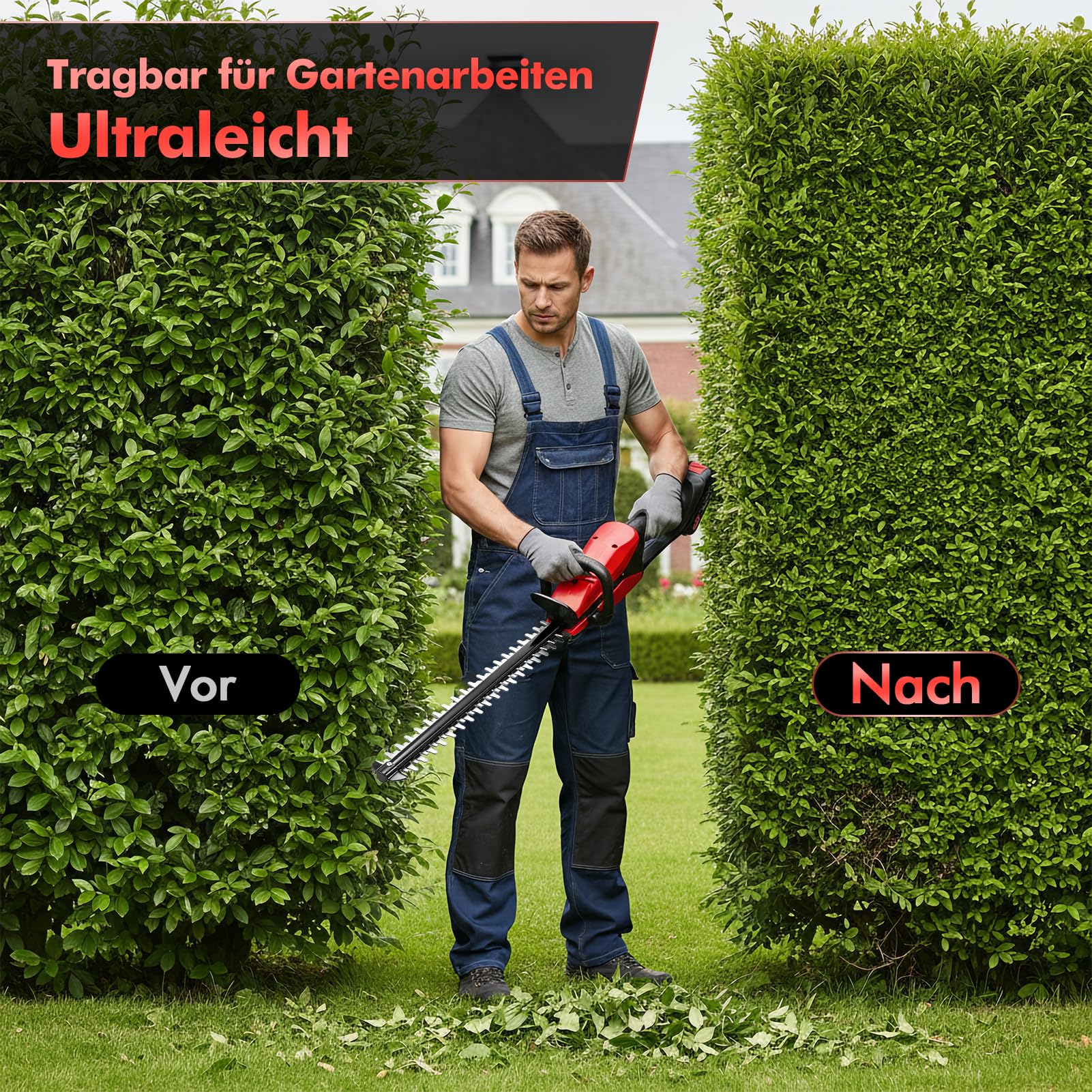 Akku Heckenschere Profi Hecken & Strauchschere, Leicht Akku Heckenschere Elektrisch mit akku und Ladegerät, 50cm Schnittlänge, Schnittstärke 15mm Dual Schnittklingen Verstellbarer Griff