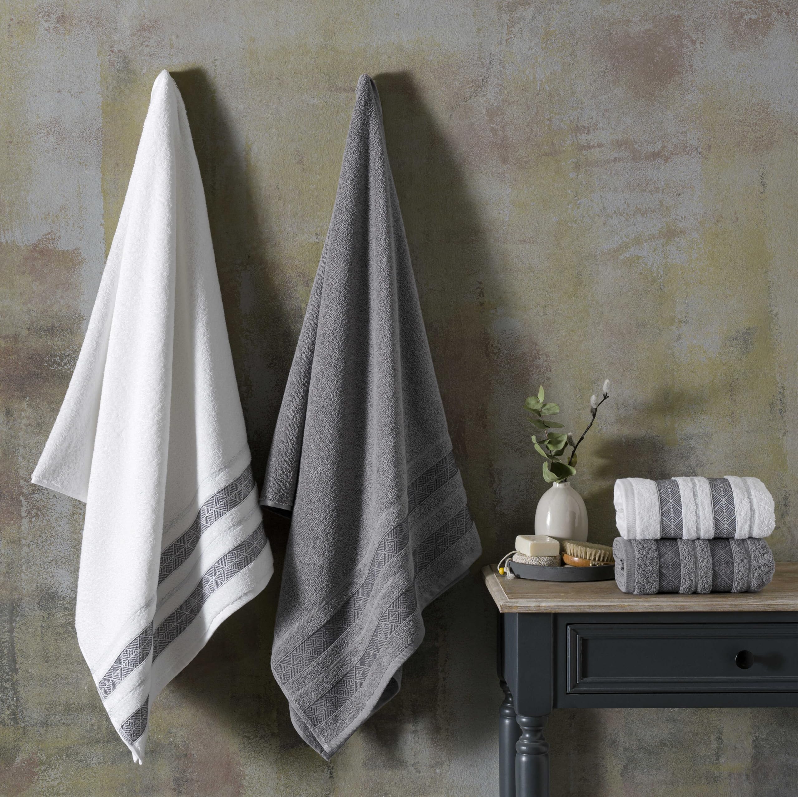 TAÇ Velvet Pure Beyaz Antrasit Pamuk Hamam Seti, Beyaz, Antrasit, S-M/L-XL
