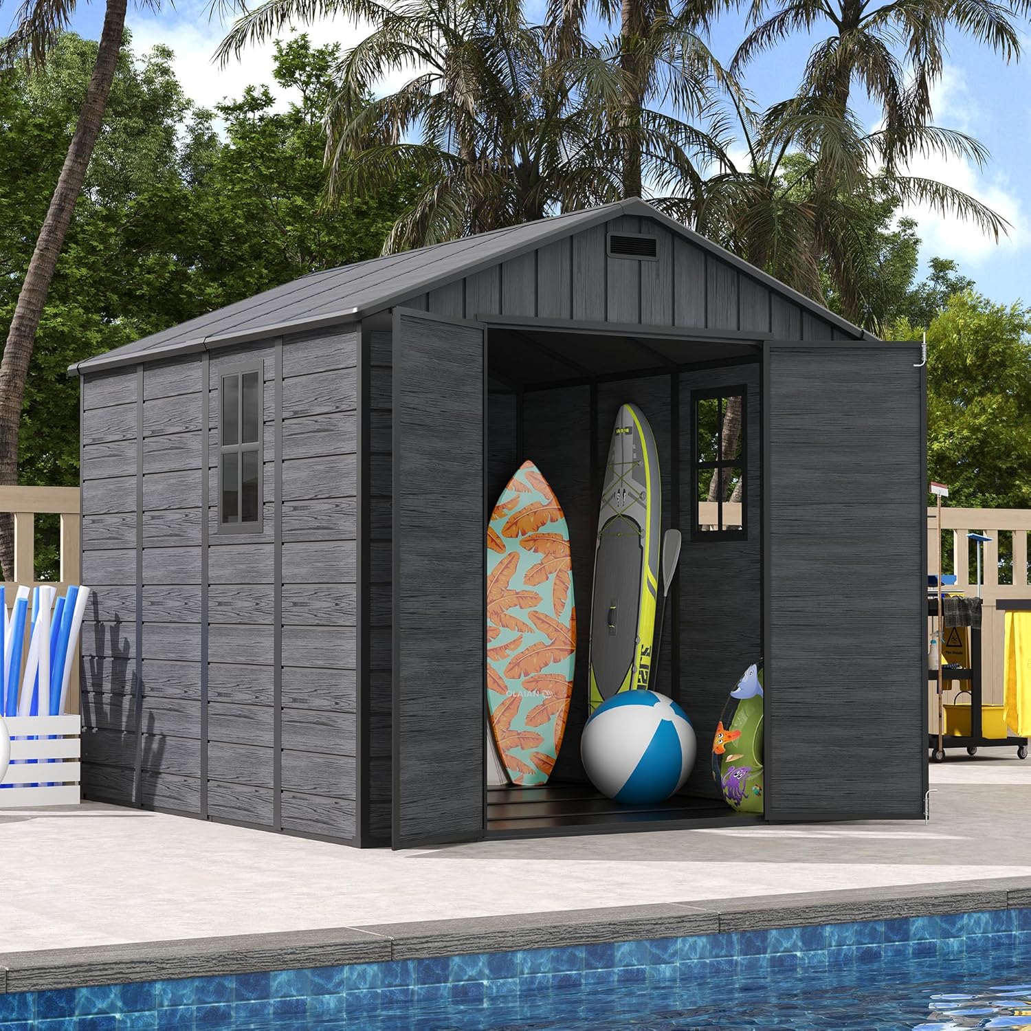 UDPATIO 8 x 8 FT Resin Storage Shed, Plastic Outdoor Storage Shed Clearance Sheds with Floor Included Solitude Cottage Shed She Sheds Garden Tool Shed with Lockable Door for Backyard, Patio, Dark Grey