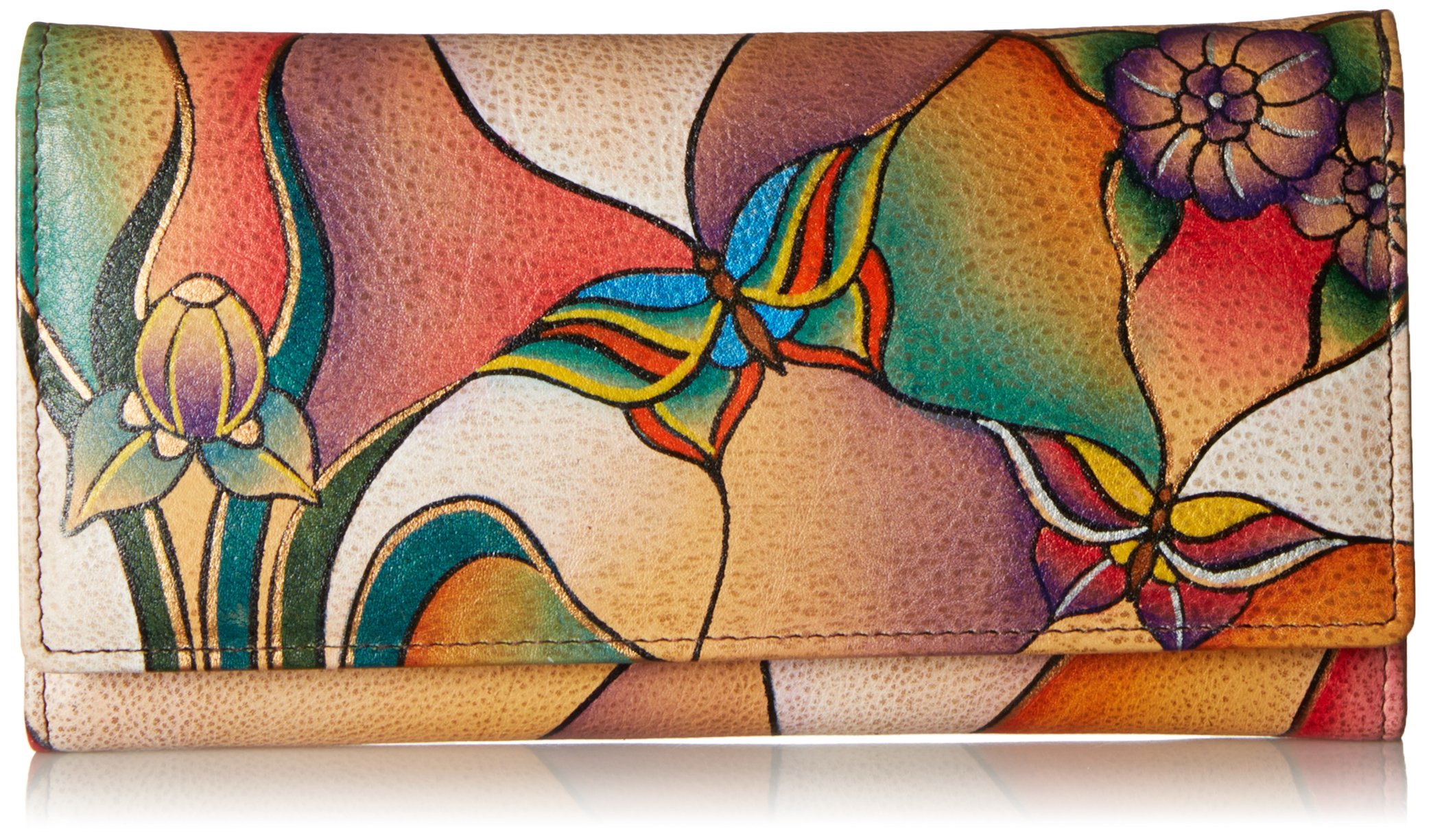 Anna by AnuschkaHand Painted Women’s Genuine Leather Ladies Checkbook Clutch Wallet, Butterfly Glass Painting, One size