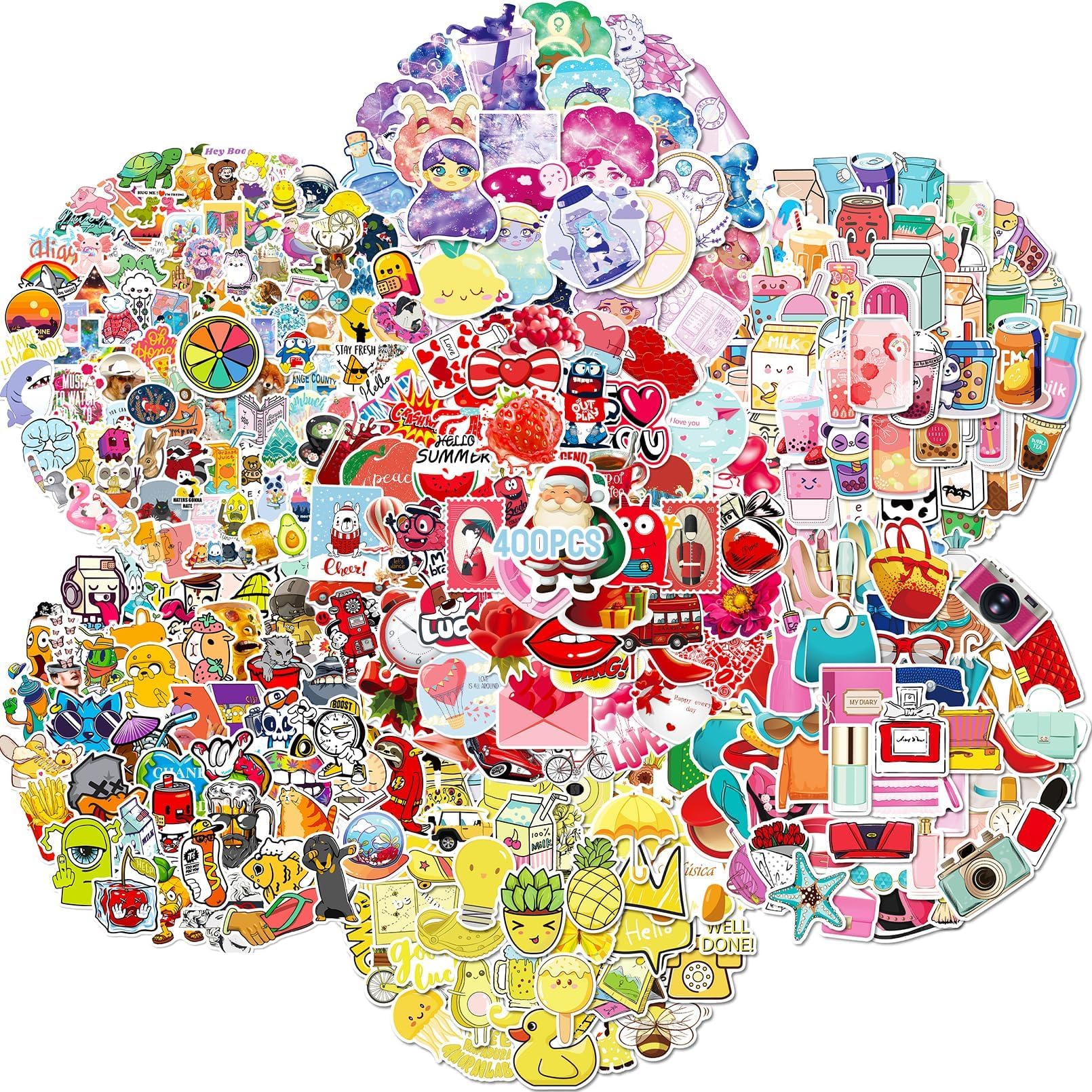 Aresvns 400 PCS Waterproof Stickers, Cute Water Bottle Laptop Car Computer Skateboard Decal, Funny Bulk Stickers for Adult