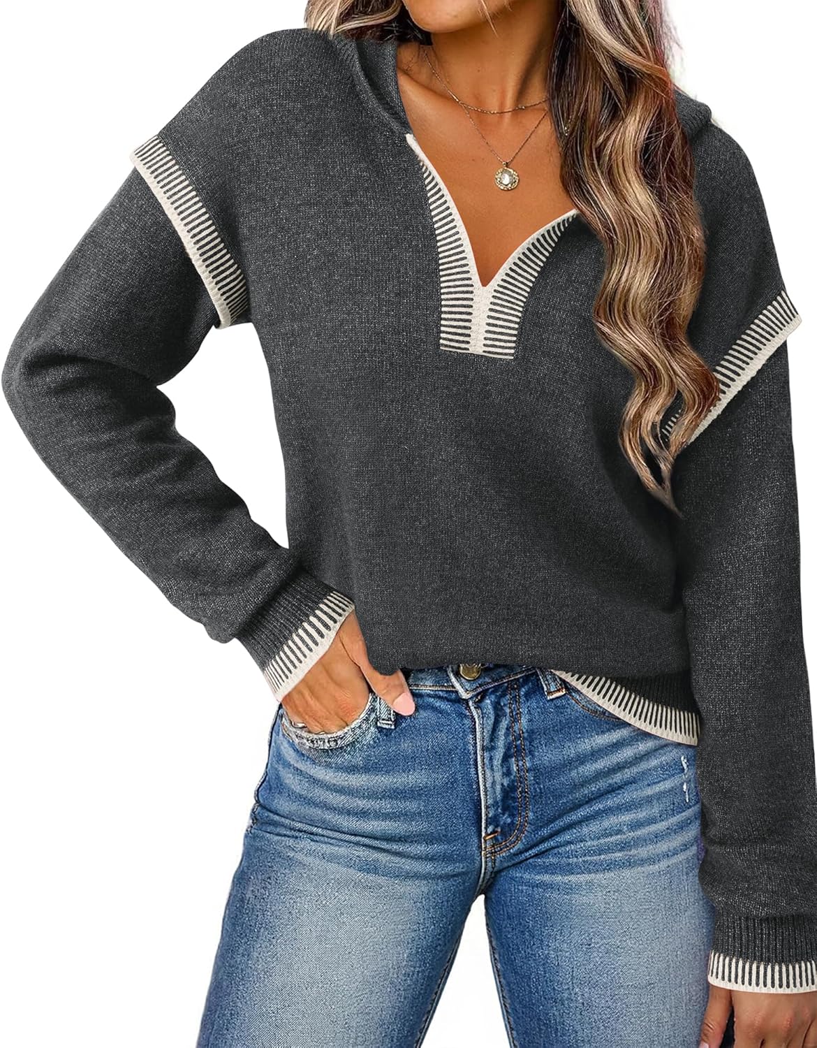 VALOLIA Sweaters for Women Fall Long Sleeve V Neck Casual Pullover 2025 Winter Trendy Knit Hoodies