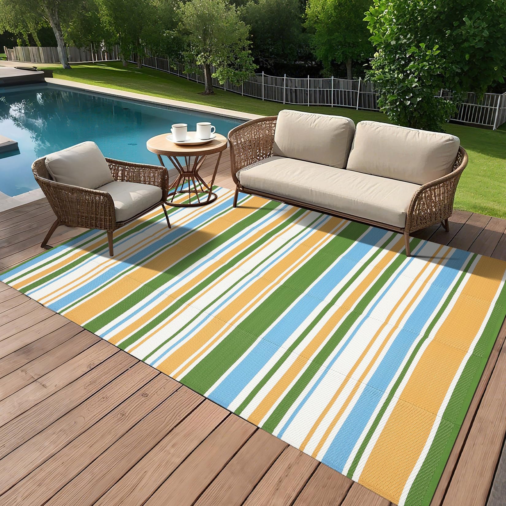 Garvee Tappeto Da Esterno in PP Intrecciato 320 Gsm - Reversibile, Impermeabile, Pieghevole e Leggero, Grande Tappeto Per Patio/Deck/Balcone/RV/Campeggio, Giallo/Blu/Verde/Bianco