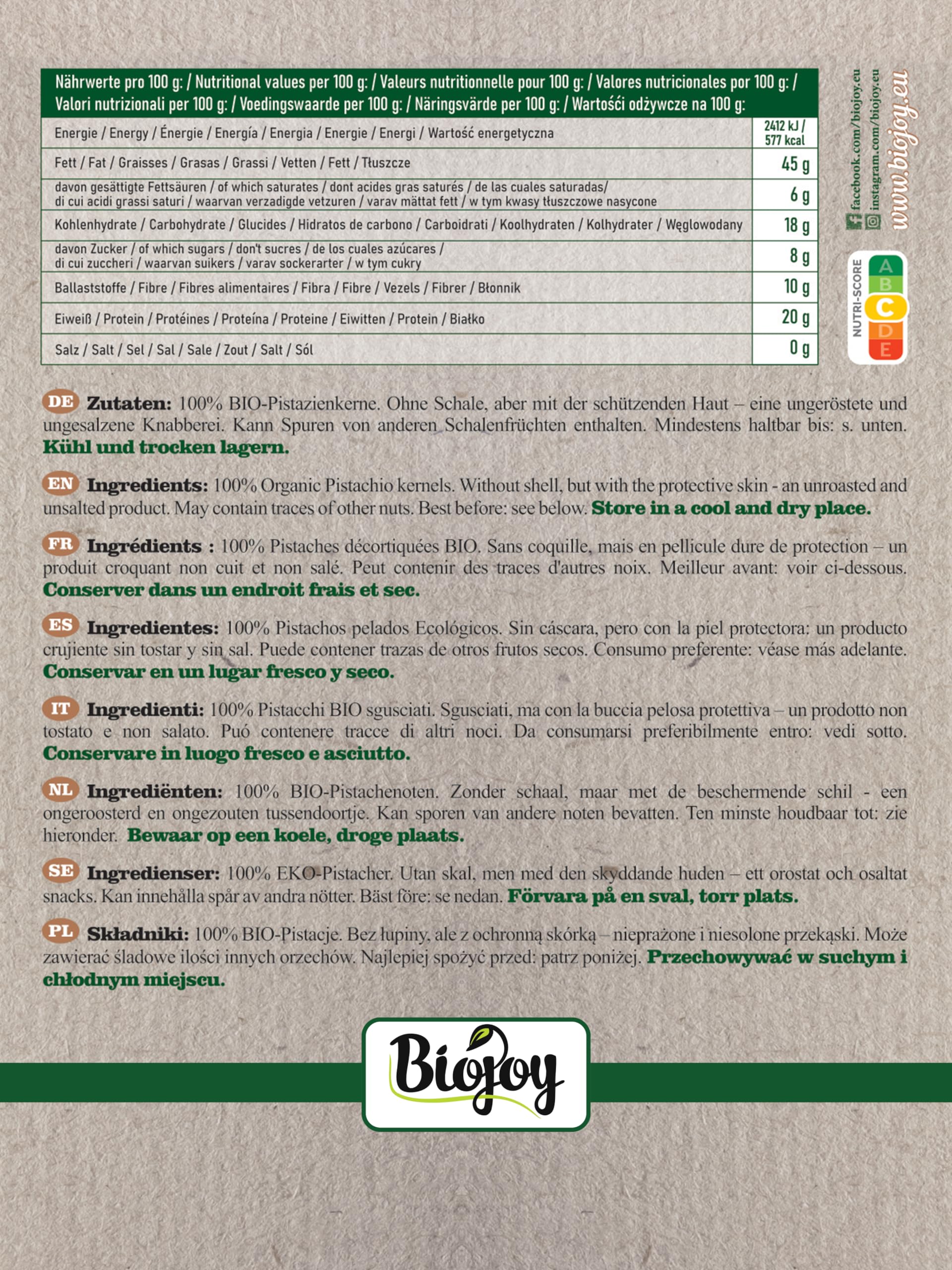 Biojoy Pistachos Pelados Ecológicos (500 g), crudos y enteros, sin sal