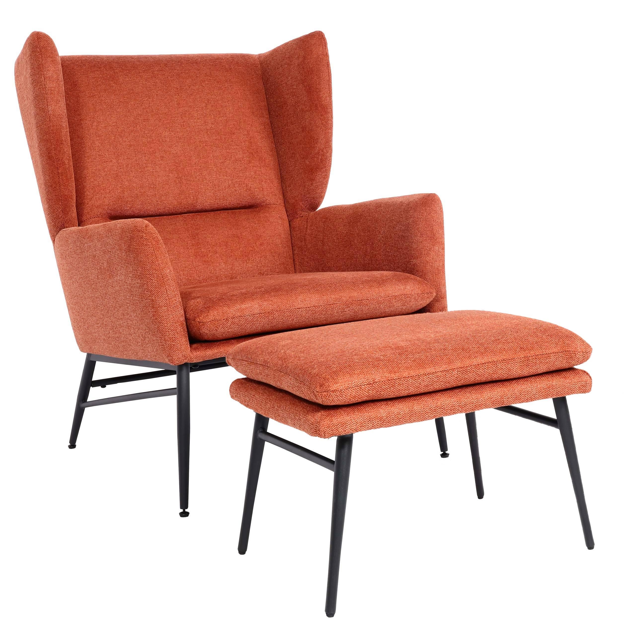 Mendler Sillón con otomana HWC-L62, con orejeras, tapizado, taburete, tela/textil, color marrón terracota