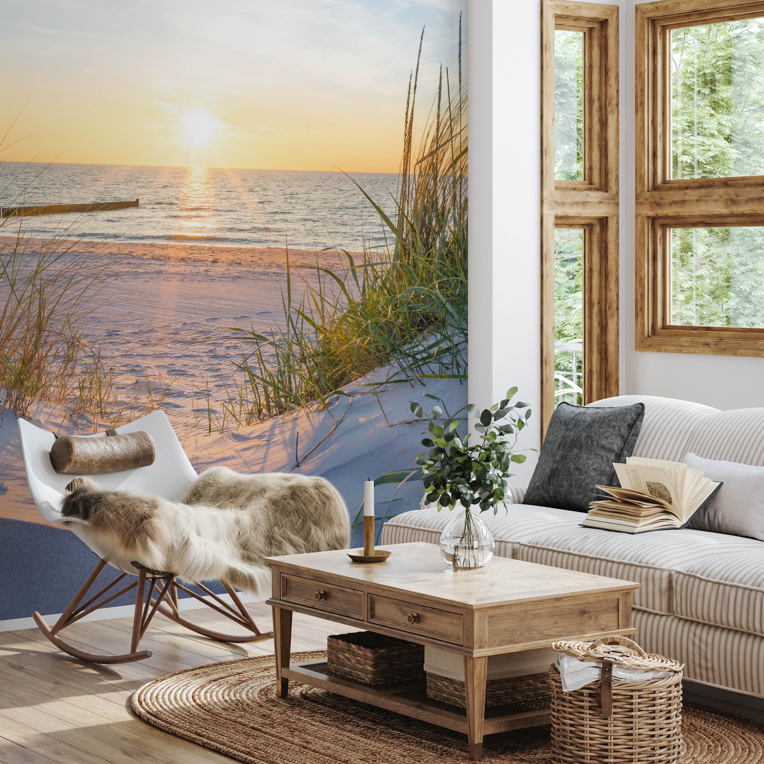 Muralo Fototapeta plaża, morze, wydmy, słońce, niebo, woda, krajobraz, natura, efekt 3D, nowoczesna tapeta ścienna, dekoracja ścienna do salonu, sypialni, jadalni, szer. 312 cm x wys. 219 cm
