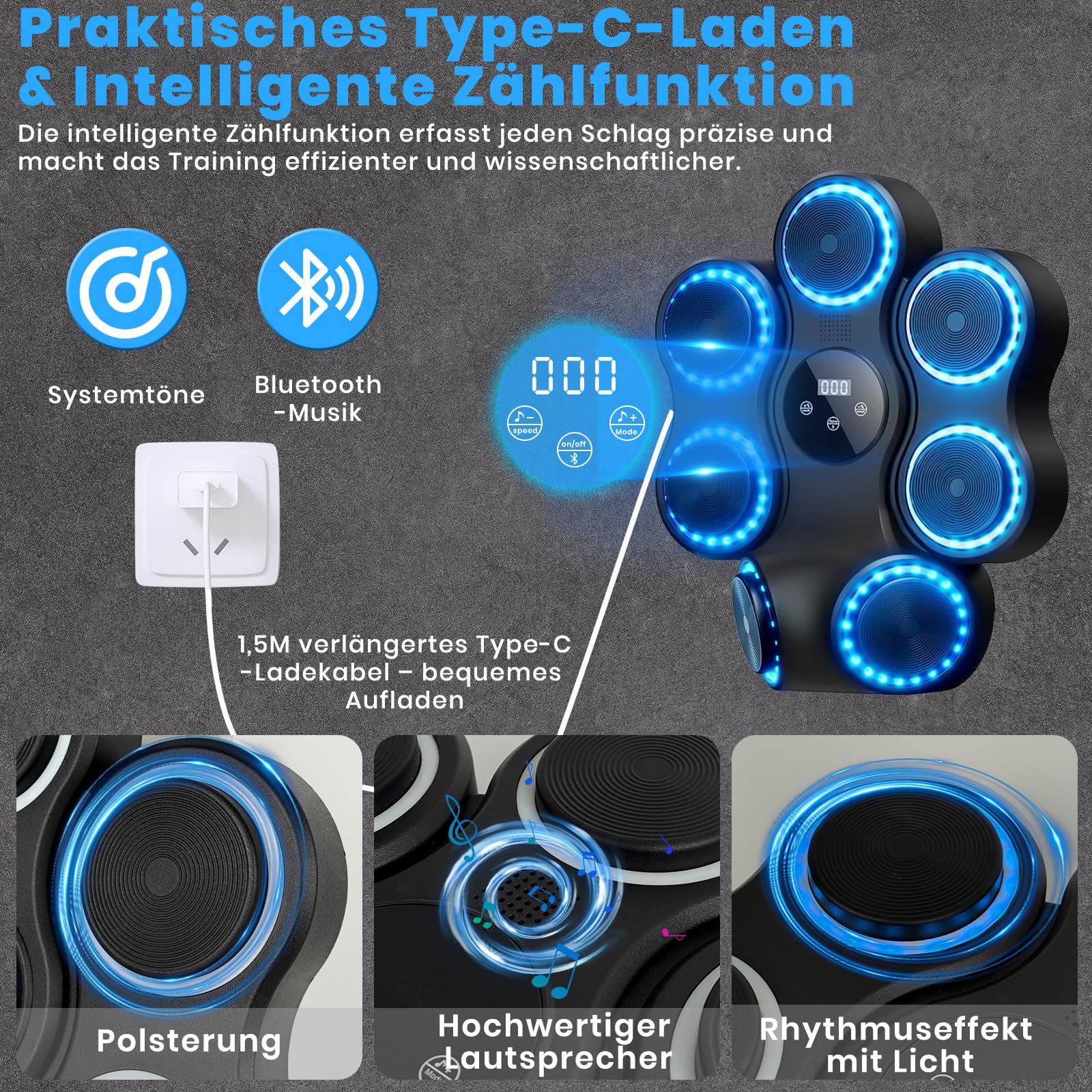 LeapBeast Music Boxing Machine mit LED-Lichtern, Bluetooth, 9 Geschwindigkeitsmodi & 11 Schlagmodus, Kinder Erwachsene Wand Befestigte Ziel Training Boxing Maschine für Zuhause & Fitnessstudio