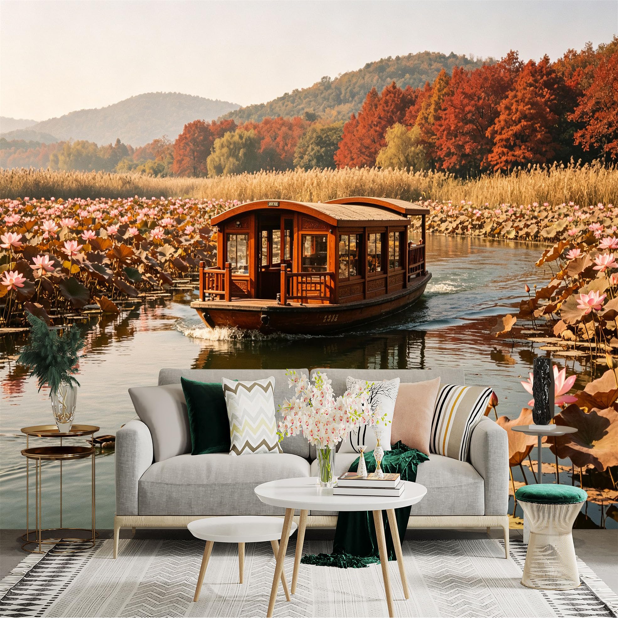 Custom Size Wall Sticker Mural， Traditional Wooden Boat on Lotus Pond， Autumn Forest Scenery， Calm Lake with Swimming Ducks， for wall Decoration， peelandstick wall Decals.