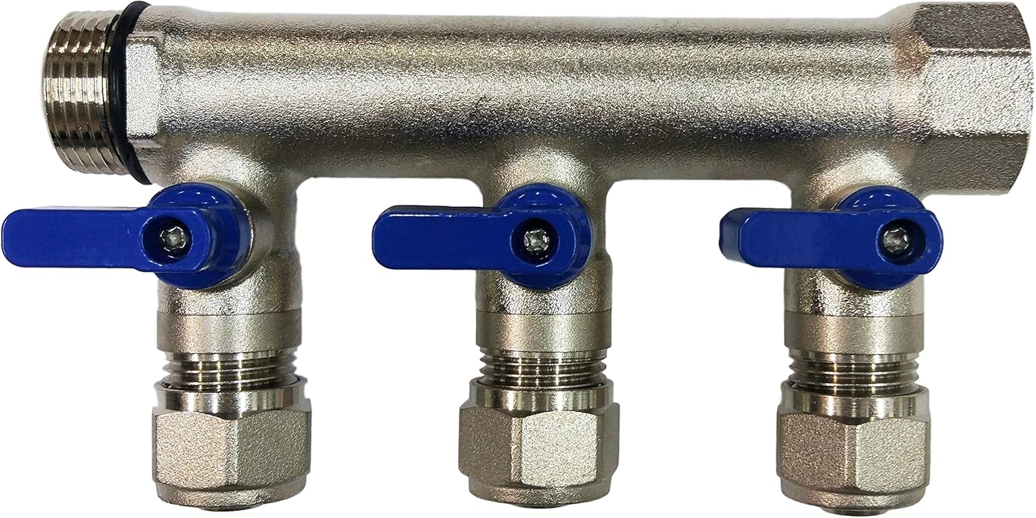 3 -Loop/Port Ball Valve Brass Pex Manifold (3/4" trunk) for 1/2" Pex Tubing, blue handles