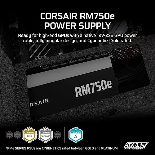 Miniatura 9 de Corsair Fuente de alimentación totalmente modular de bajo ruido RM750e (2023) - Cumple con ATX 3.0 y PCIe 5.0 - Condensadores con clasificación C de