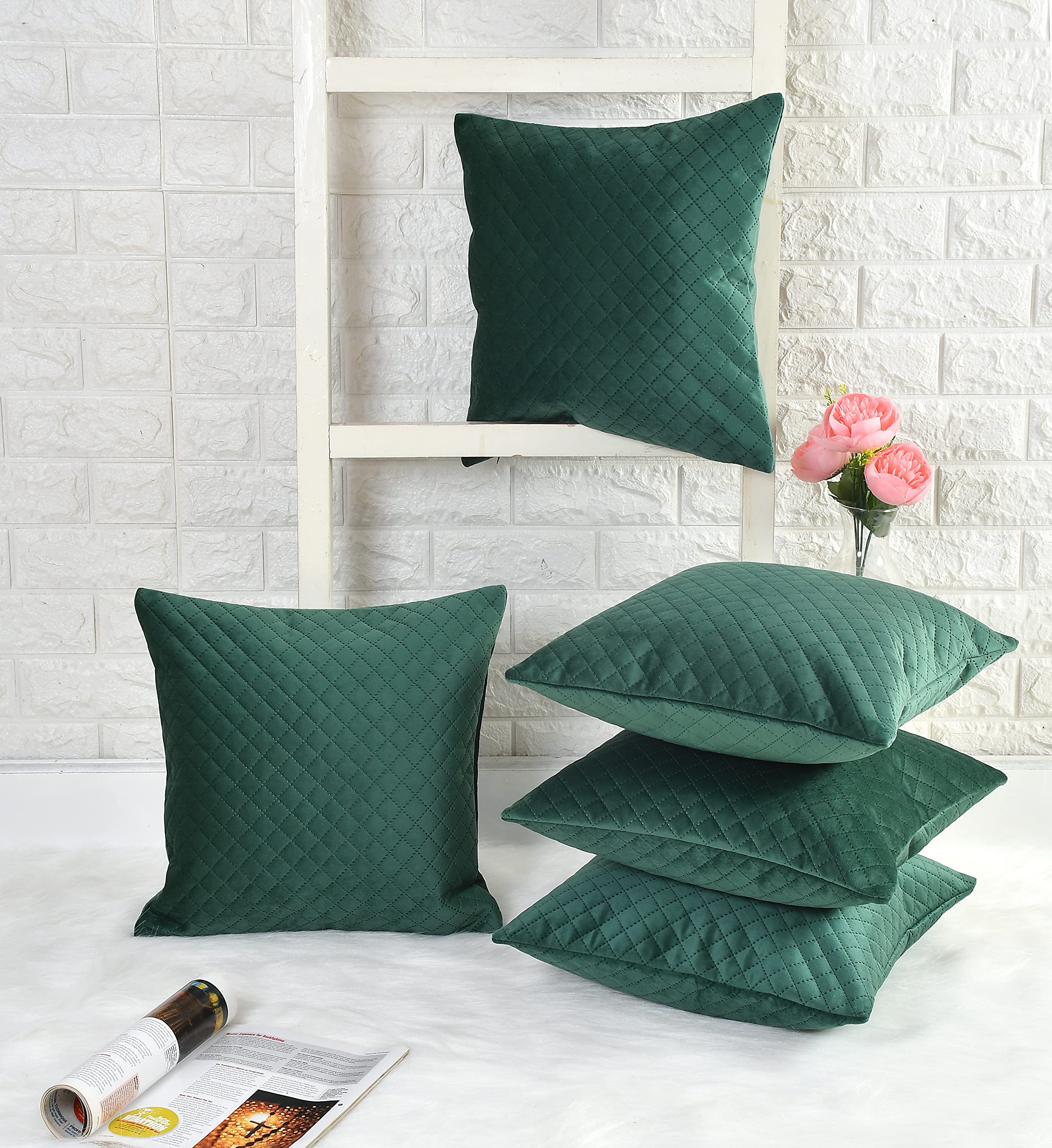 HOMADORNPremium Velvet Quilted Reversible Cushion Covers for Sofa (16 INCHES X 16 INCHES (Set of 3), Green)