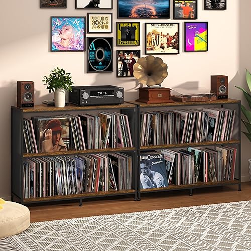 Almacenamiento de discos de vinilo de 3 niveles mesa de reproductor vintage con almacenamiento espacioso, hasta 450 discos, soporte giratorio con