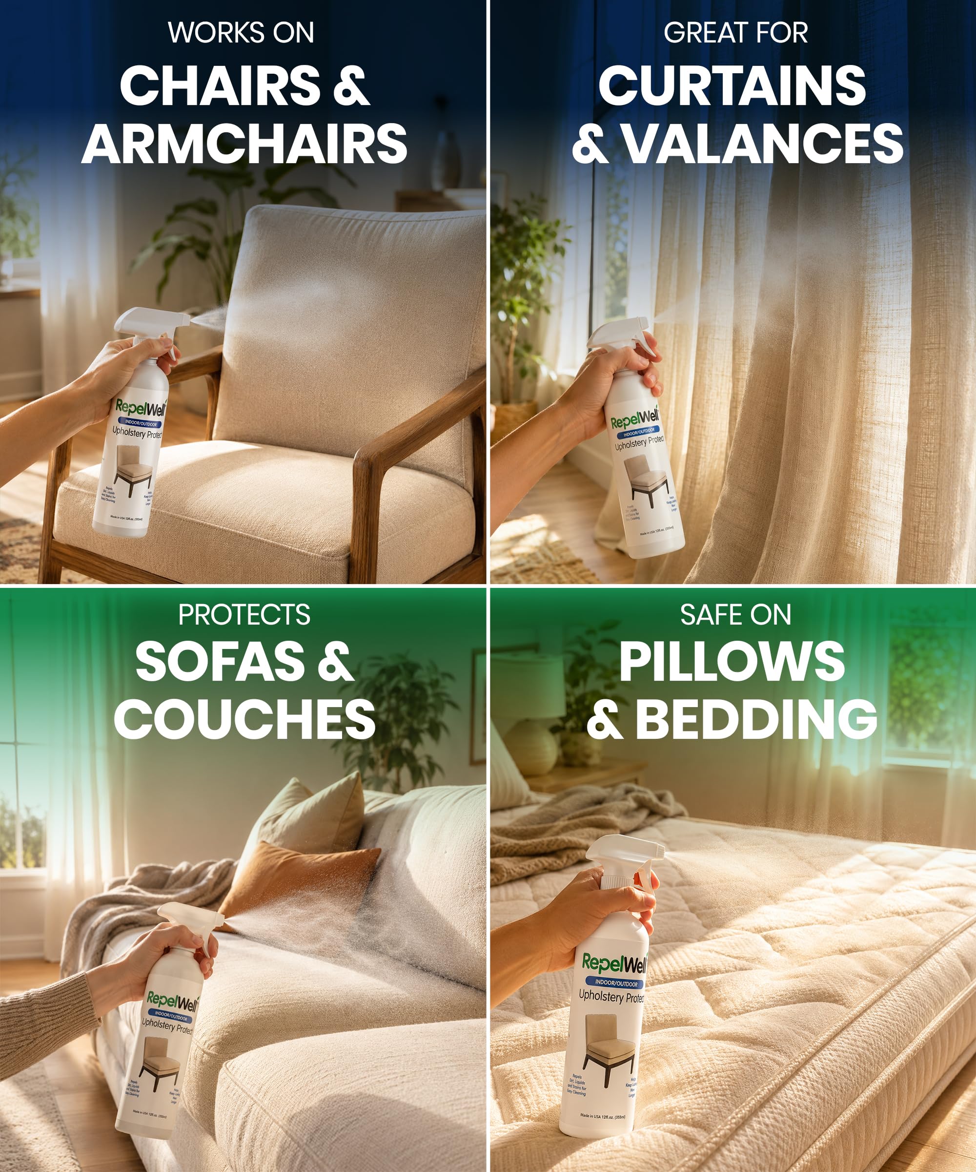 RepelWell Upholstery Protect - Spray Repelente al Agua y Manchas (12 onzas), Respetuoso con el Medio Ambiente, Apto para Mascotas, Mantiene tu tapicería de Tela, Cuero y Gamuza como Nueva