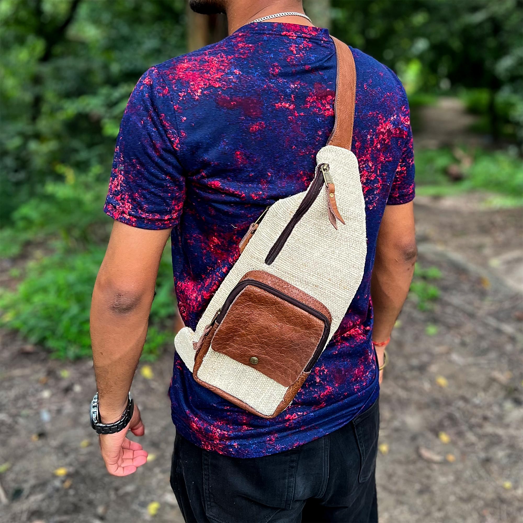 Bolso bandolera de algodón de cáñamo hecho a mano con correa de cuero, 100% natural, fabricado en Nepal