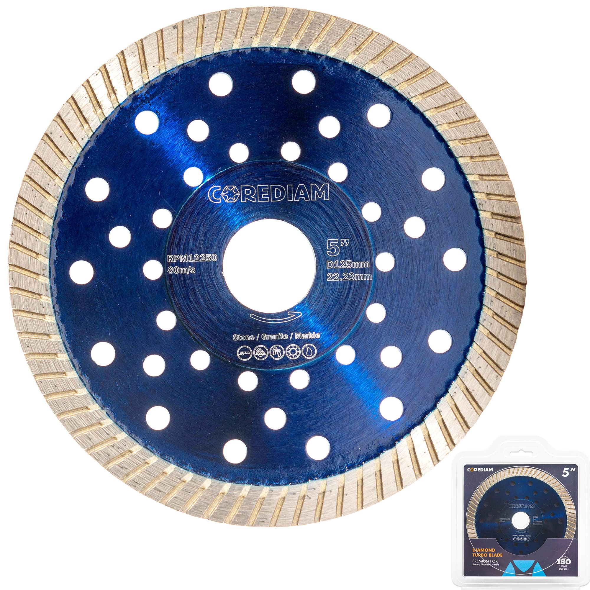 COREDIAM 5 Inch Diamond Blade, Diamond Turbo Blade, for Cutting Granite, Marble and Other Stones, Wet/Dry Cut, 7/8" Arbor