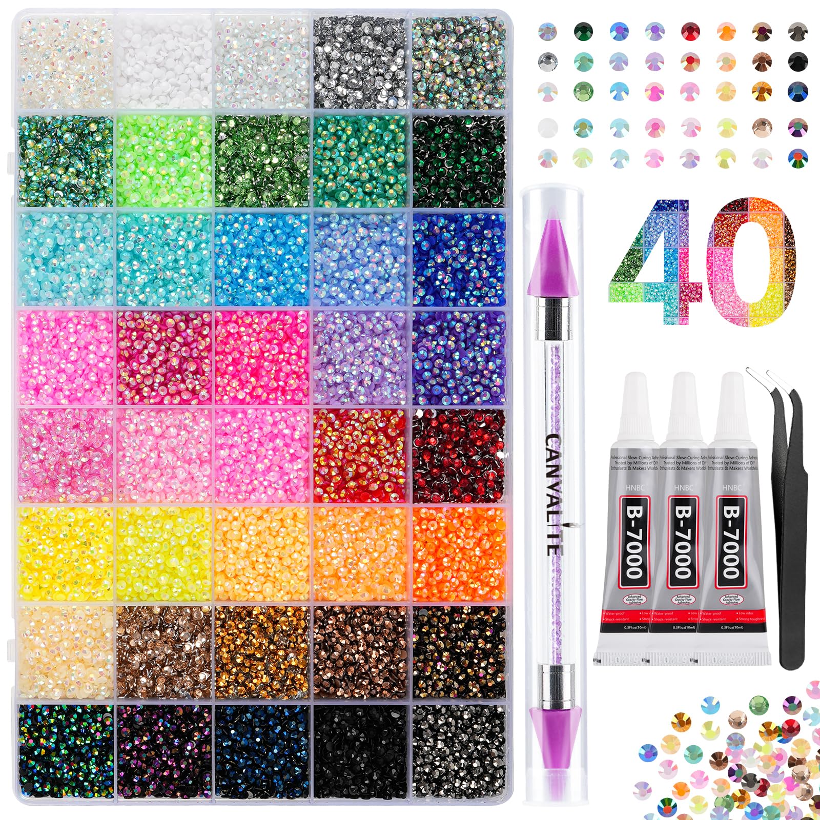 Canvalite 35000Pcs 40 Colors Jelly Rhinestones for Bedazzling  3mm Multicolor Resin Flatback Gems for Diamond Art  Bedazzler Kit with 3Pcs 15ml Jewelry Glue for Crafting Book Shoes Nail Art