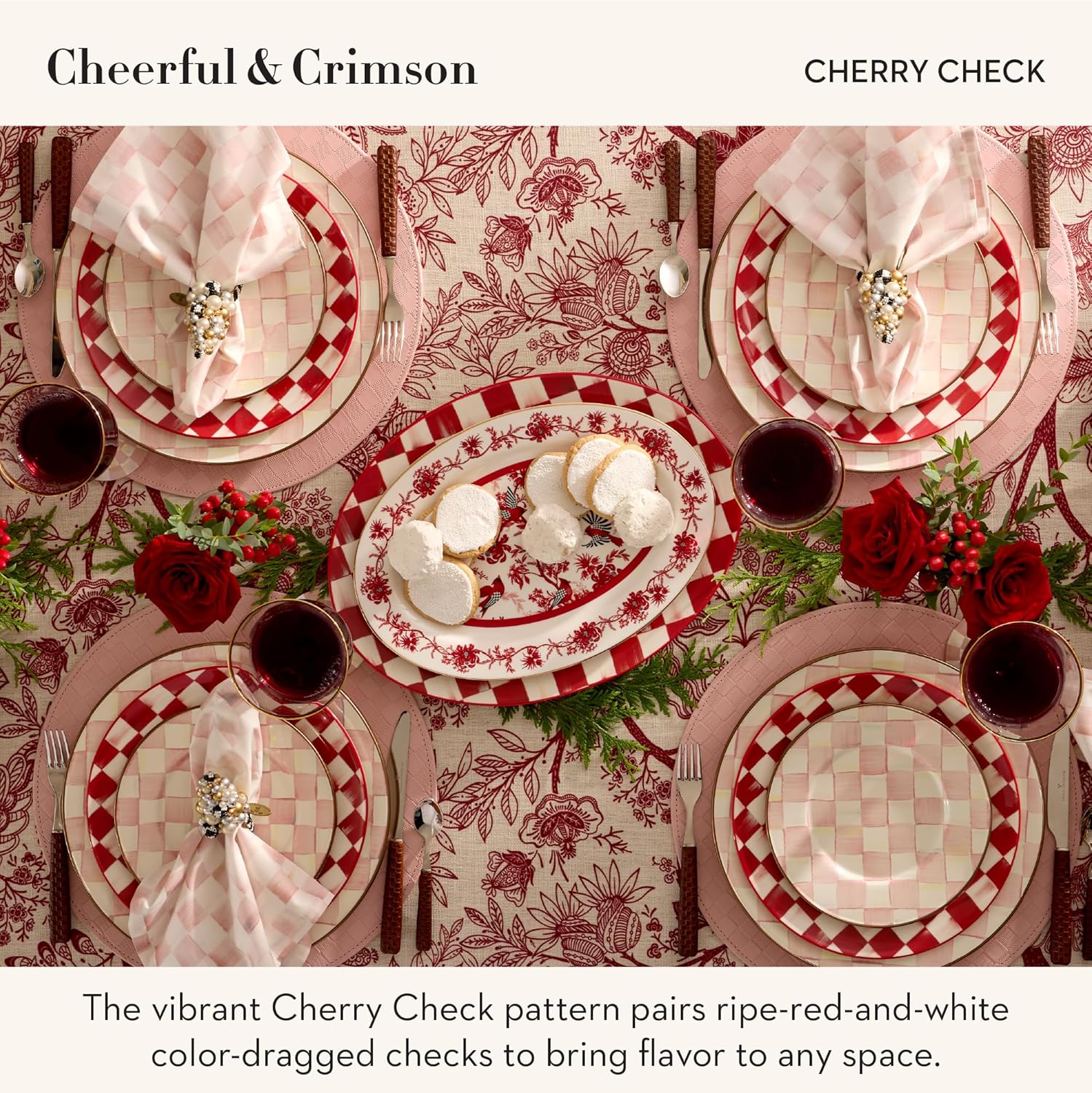 MACKENZIE-CHILDS Stoneware Serving Platter, Decorative Dinnerware Plate, 15" W x 12" L, Red-and-White Cherry Check
