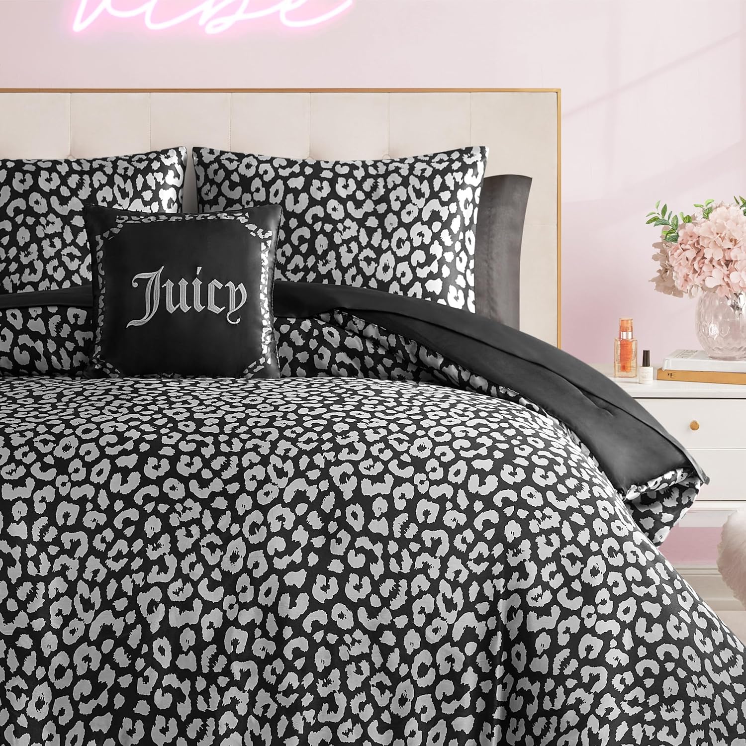Juicy Couture Modern Black Leopard Satin Queen Comforter Set - Luxury Bed in a Bag – Soft & Stylish 8-Piece Bedding Collection Queen Black Leopard