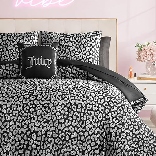 Juicy Couture Modern Black Leopard Satin Queen Comforter Set - Luxury Bed in a Bag – Soft & Stylish 8-Piece Bedding Collection - Black - Queen