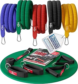 Resistance Bands Widerstandsband Set mit Trainings-eBook - Expander Tubes Bänder Band Fitnessbänder - Widerstandsbandset: 5 Widerstandsbänder, Griffe, Türanker, Fußschlaufen | Fitnessband Fitness