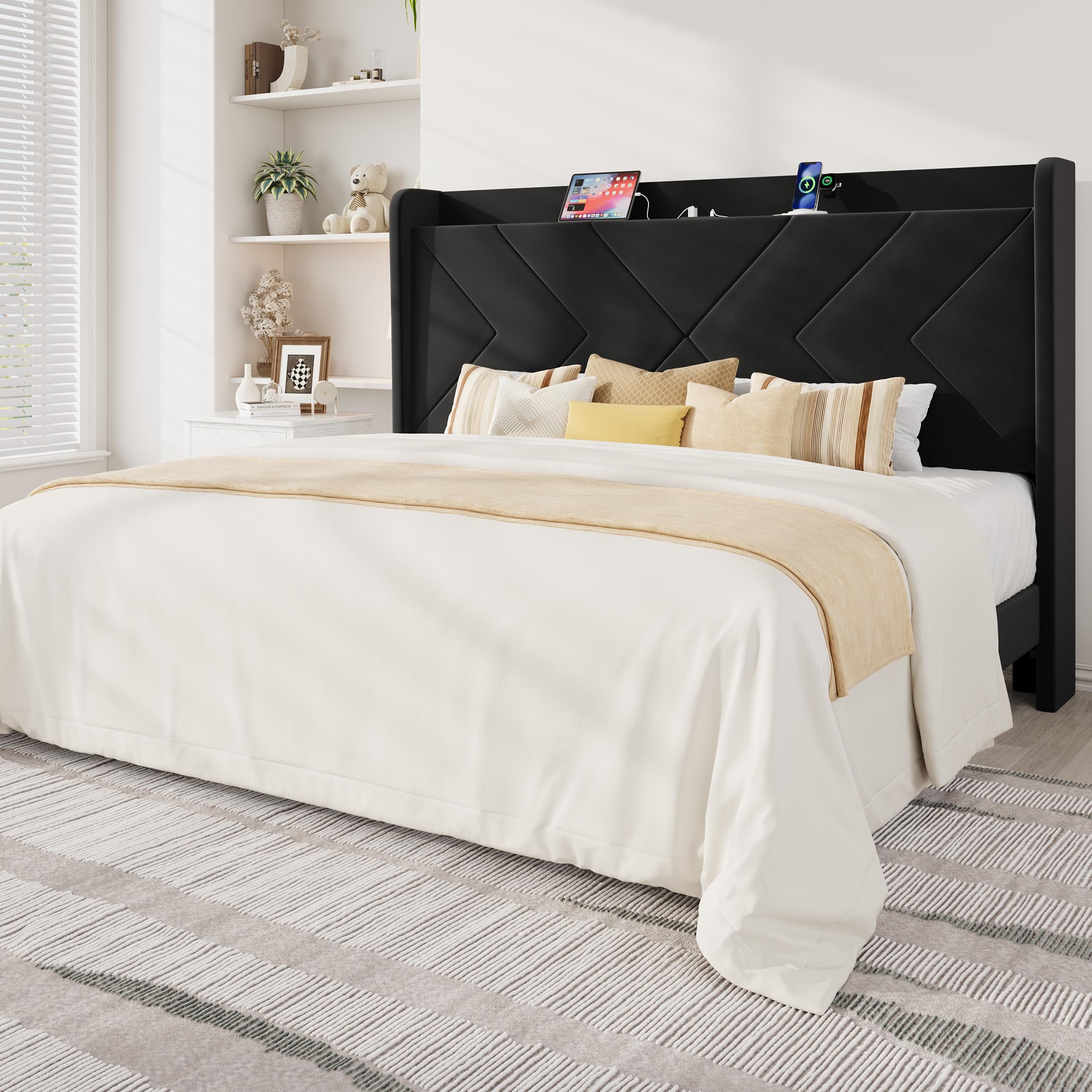 Allewie King Size Platform Bed Frame with Charging Station and Storage Shelf Upholstered Velvet Wingback Headboard Wooden Slats