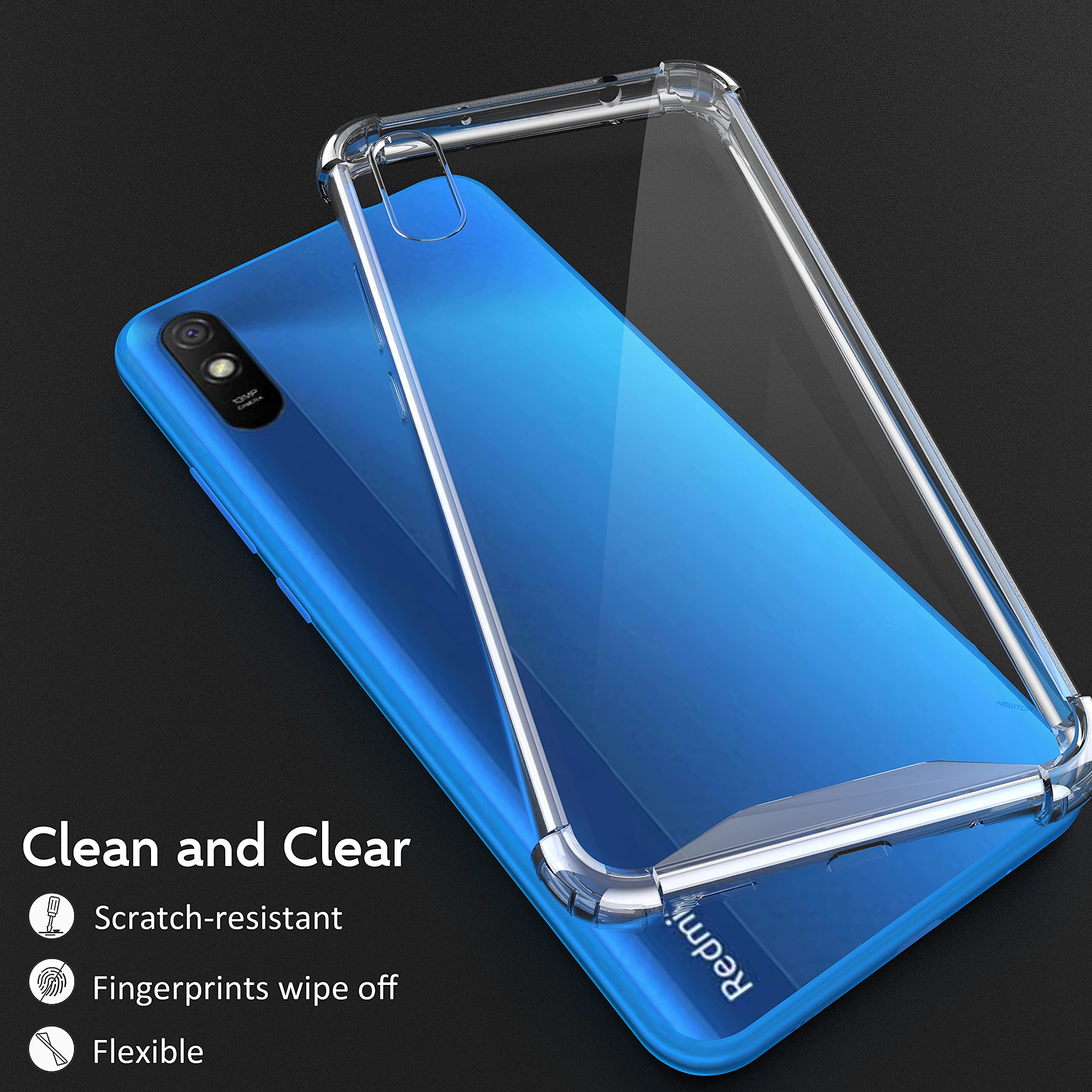 N NEWTOP Cover Anti-Shock Trasparente Per Xiaomi Redmi 9A / 9AT - TPU Semi Rigido Con Angoli Rinforzati, Antingiallimento