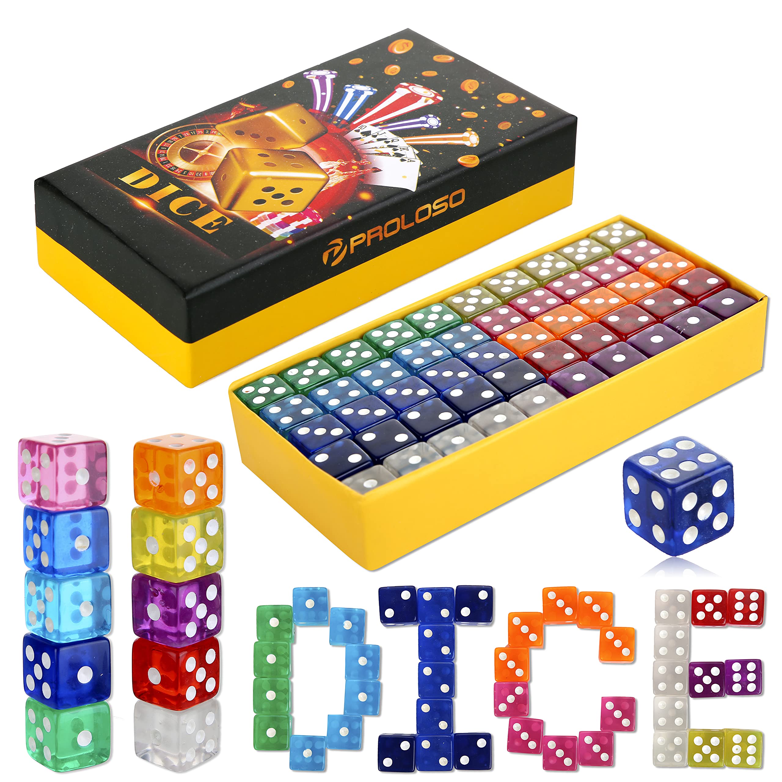 PROLOSO Bulk Game Dice Set 100 Pcs Sharp Edge Polyhedral Dice with Box D6 16 mm Square Corner Dice for Board Games and Teaching Math Dice in 10 Translucent Colors