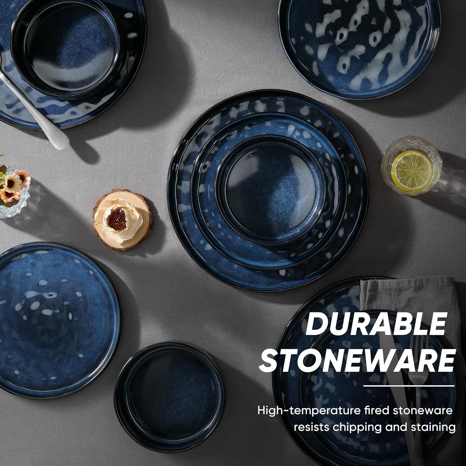 E-far 8-Piece Plates and Bowls Sets with Pasta Bowls - Stoneware Dinnerware Set for 2, Modern Ribbed Dishes, Microwave & Dishwasher Safe, Starry Blue