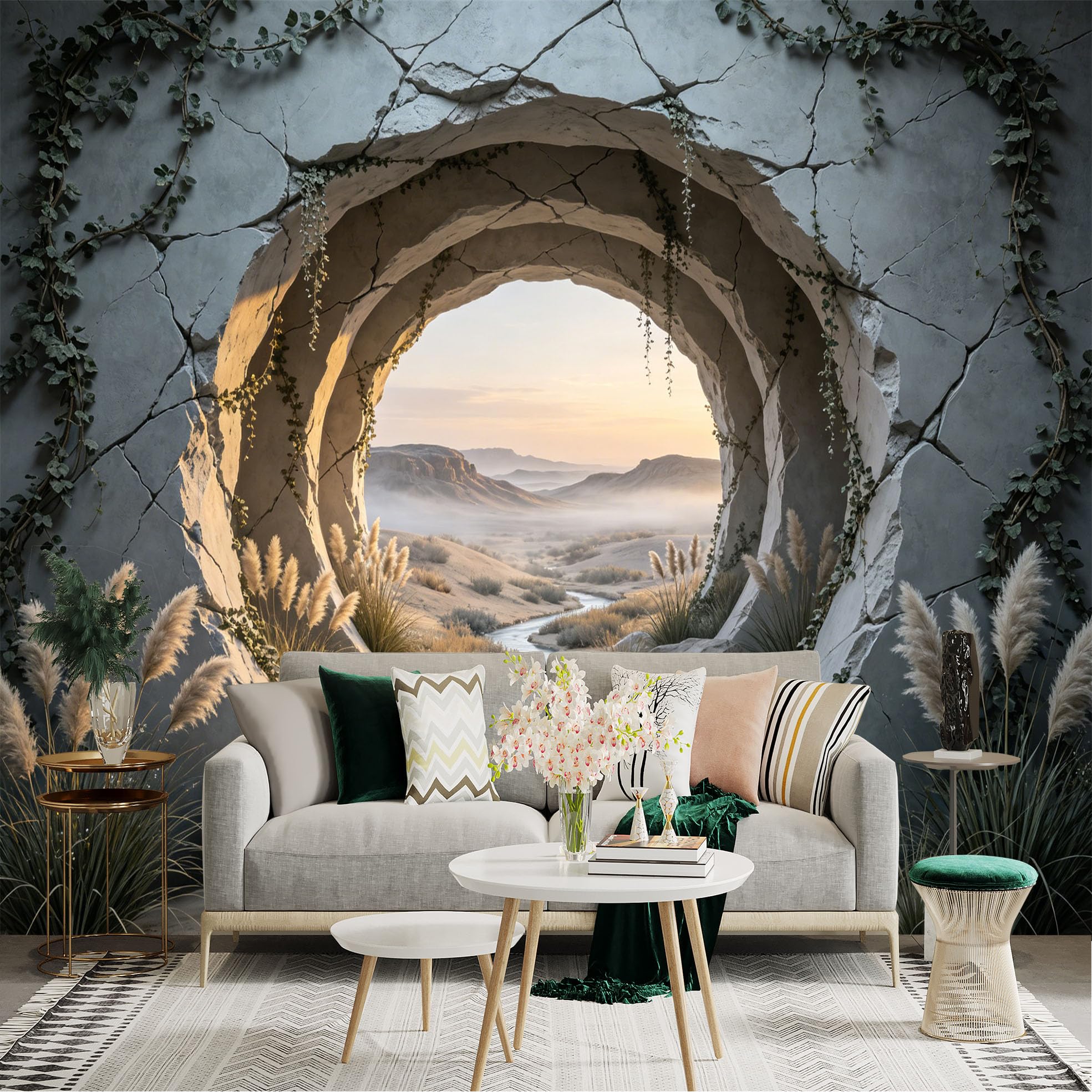 Custom Size Wall Sticker Mural， Desert Canyon with River Stream and Cracked Rock Arch， for wall Decoration， peelandstick wall Decals.