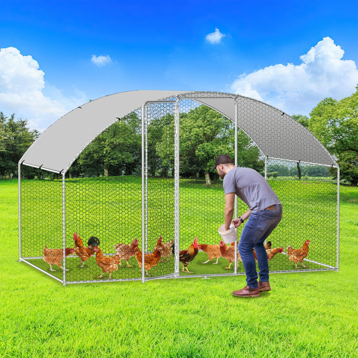 Fiqops Metalowy kurnik 3 x 2 x 2 m, wybieg, klatka dla małych zwierząt, woliera z plandeką dachową, wybieg dla kur, drobiu, małych zwierząt, nakładka na łuk