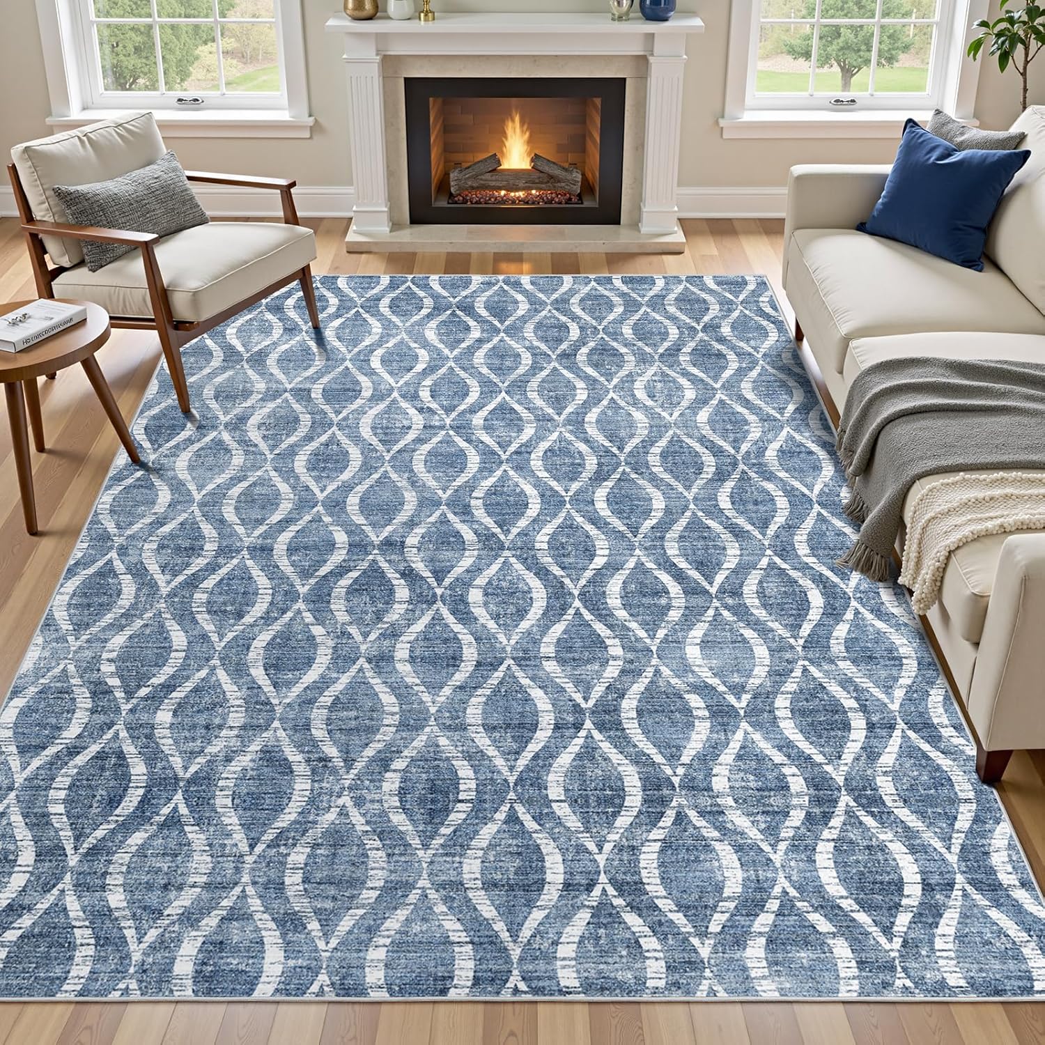 WITSHOCK Living Room Rugs 7x9: Washable Soft Low Pile Stain Resistant, Geometric Moroccan Trellis Boho Neutral Rug for Bedroom Dining Room, Large Carpet for Office Nursery Playroom, Blue, 84x108 7' x 9' (Rectangular) Blue