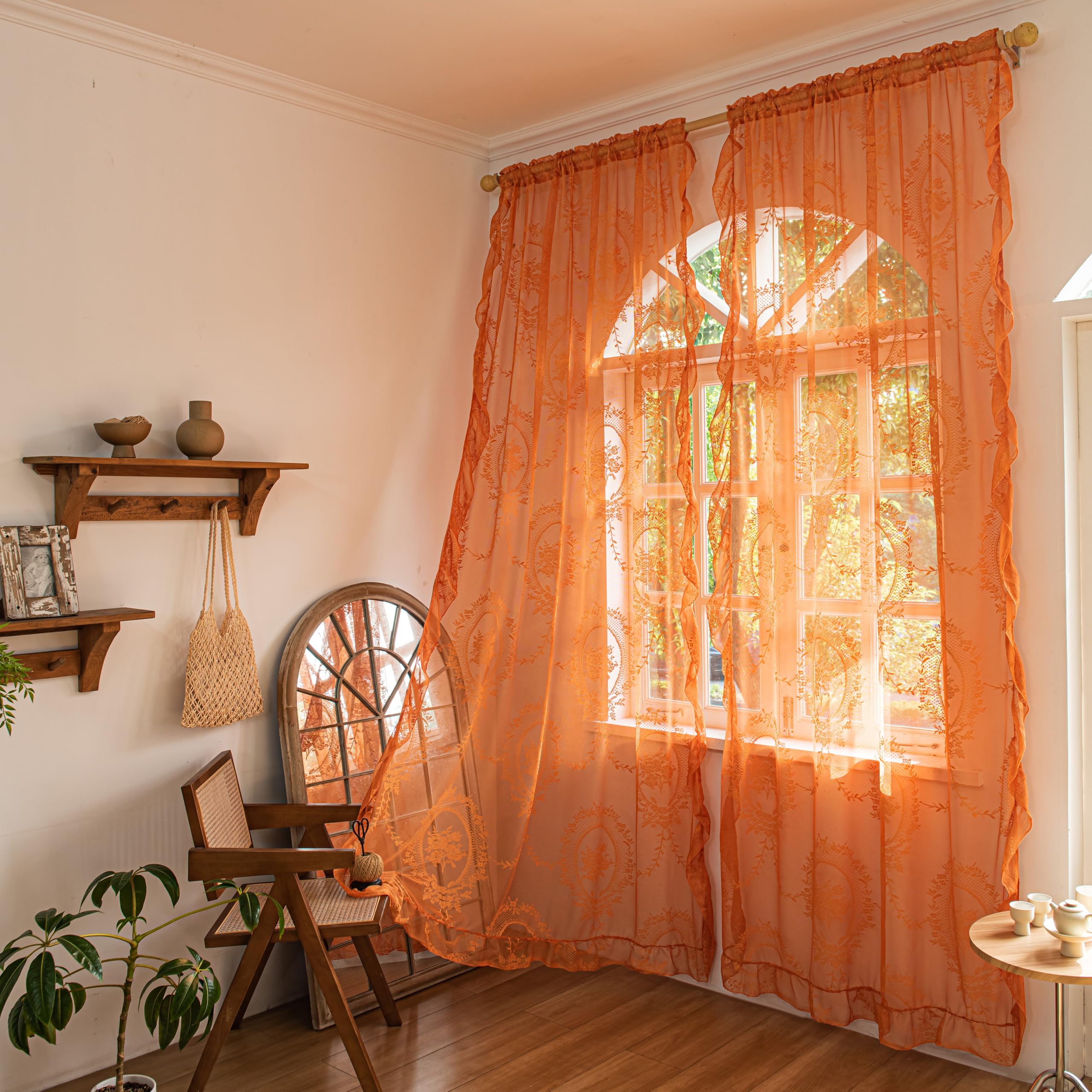 Lavyhuno Burnt Orange Lace Curtains for Bedroom Nursery Room 72 Inch Long, Sheer Boho Ruffled Rustic Farmhouse Vintage Florals Embroiderd Rod Pocket Window Treatments Set of 2 Panels, W57 x L72