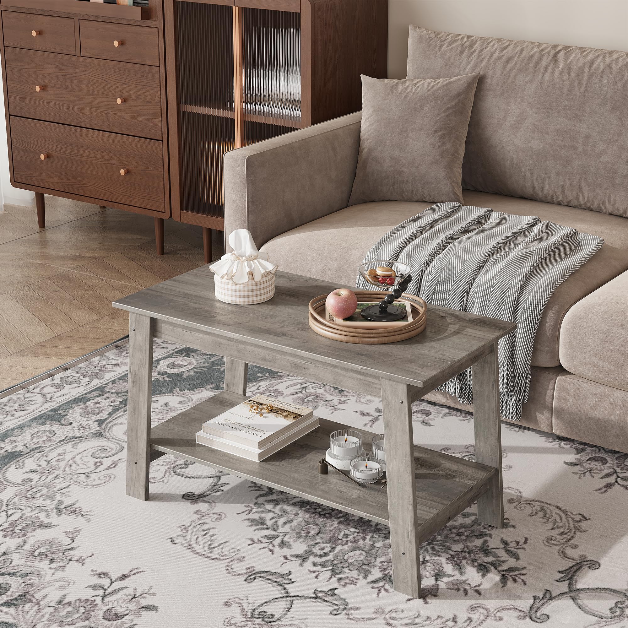 Mesa de Centro de Madera Gris con Estante Inferior, para salón y Dormitorio, Diseño rústico 80×39×48 cm