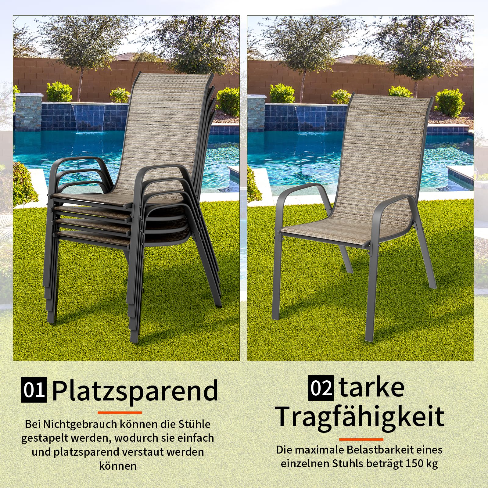 LIFERUN Sillas de jardín apilables para Camping, con Respaldo Alto, Estructura de Acero textileno, para Jardines, Patios, Balcones, restaurantes, 150 kg, soporta 54 x 69 x 93 cm (4, Lino marrón)