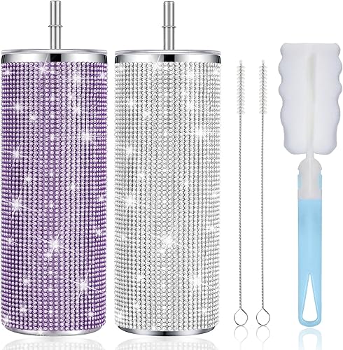 Tessco 2 vasos brillantes de 20 onzas con diamantes de imitación, botella de regalo de Navidad, botella de diamante con purpurina con tapa y