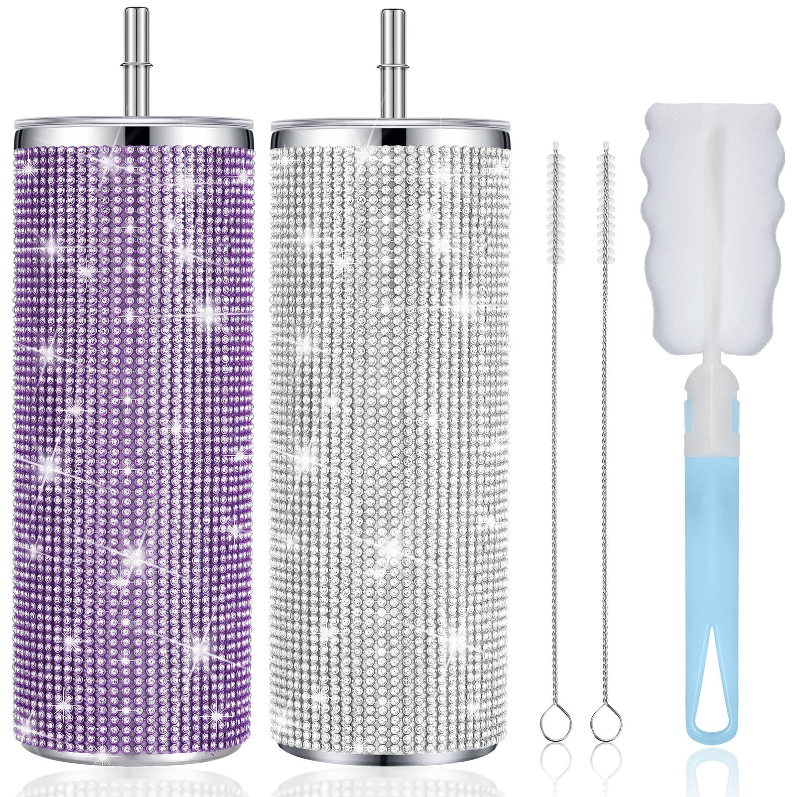Tessco 2 Pcs Bling Tumbler 20oz Rhinestone Cup Christmas Gift Cup Glitter Diamond Bottle with Lid and Straw Stainless Steel Bling Thermal Water Bottle