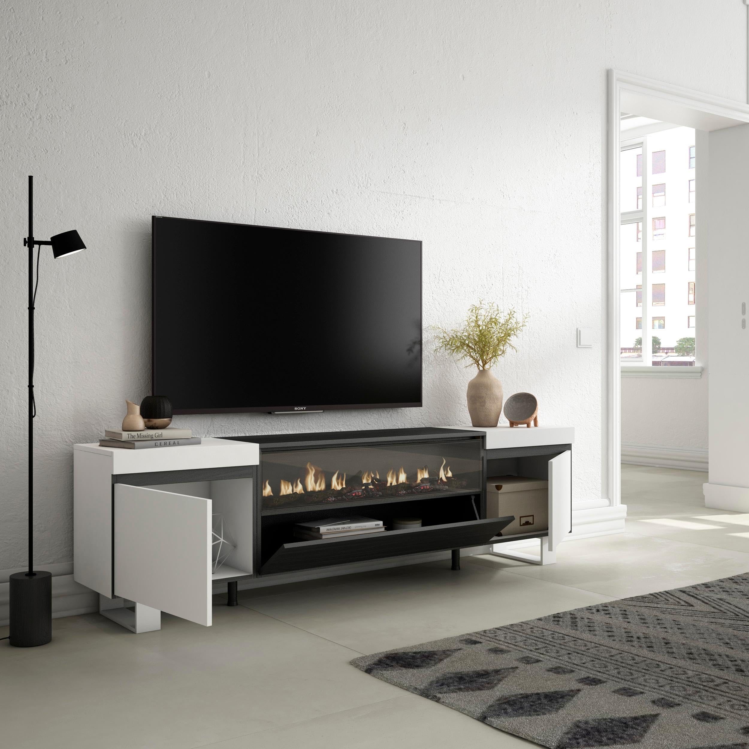 Skraut Home | Mueble TV | Televisión | Muebles de salón, almacenaje | 200x57x35cm | para TV hasta 80" | Chimenea eléctrica | Diseño Industrial | Estilo Moderno | Blanco y Negro