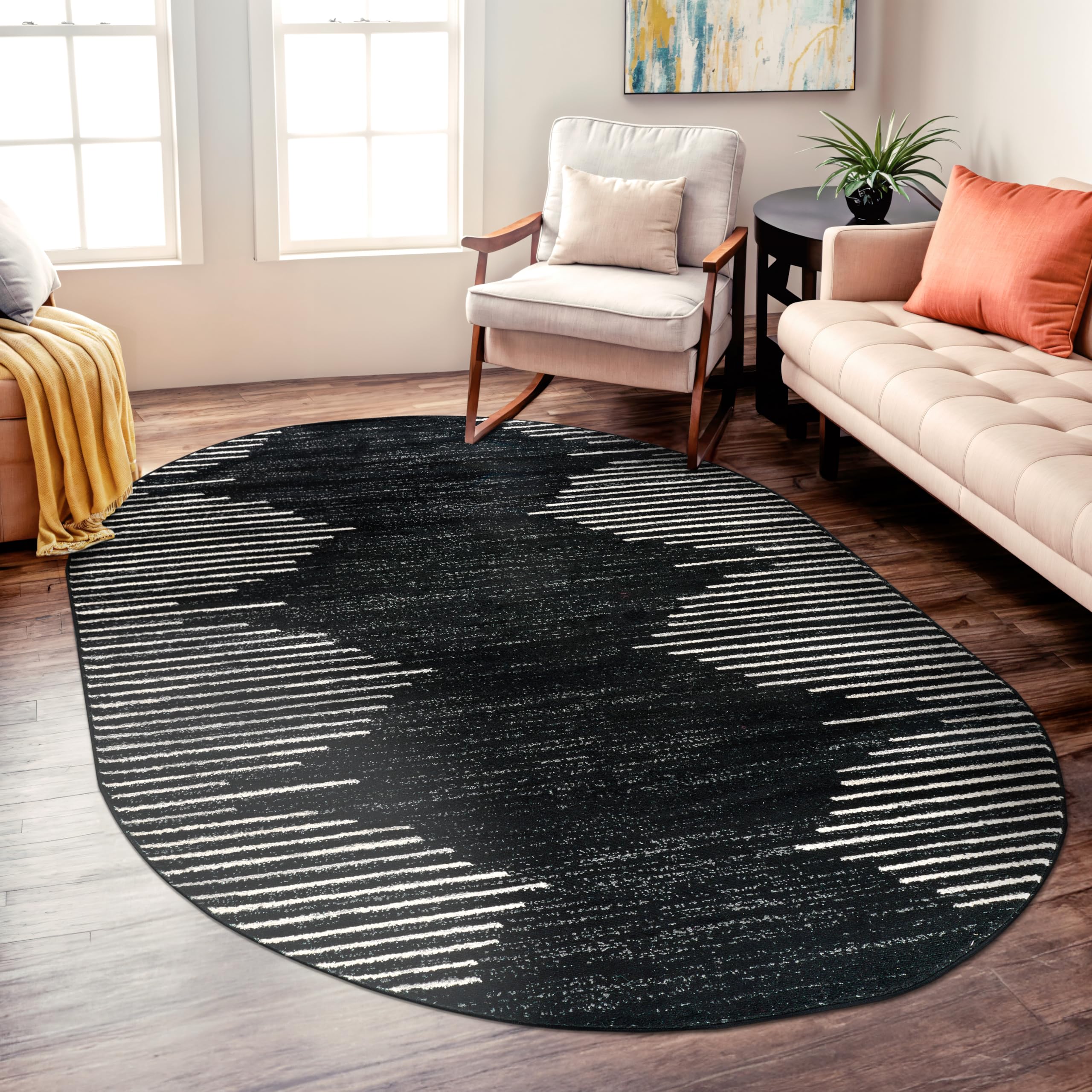 Rugshop Bohemian Stripe Stain Resistant High Traffic Living Room Kitchen Bedroom Dining Home Office Oval Area Rug 5' x 7' Black
