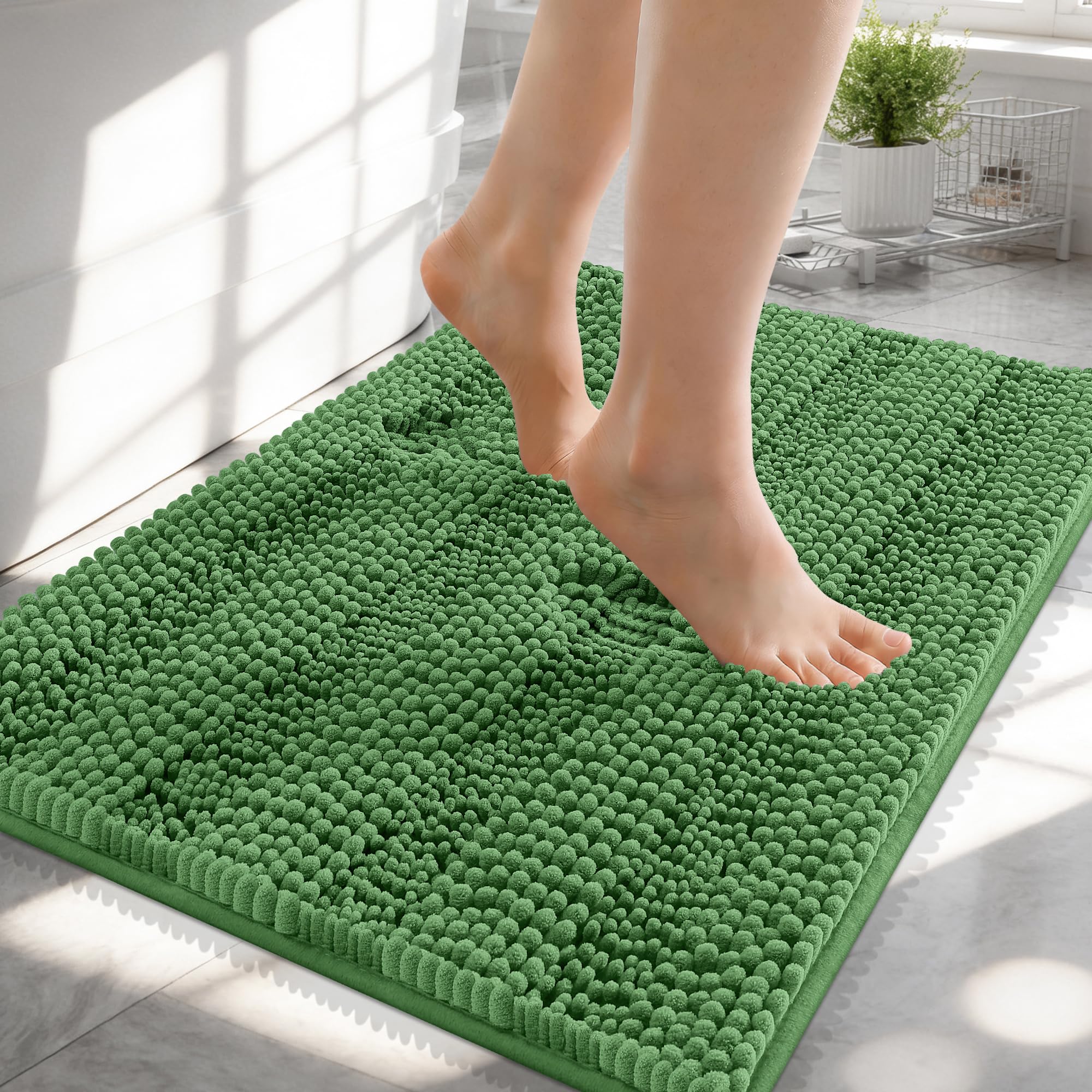 OLANLY Thick Small Bathroom Rugs 24x16, Chenille Bath Rugs, Olive Green