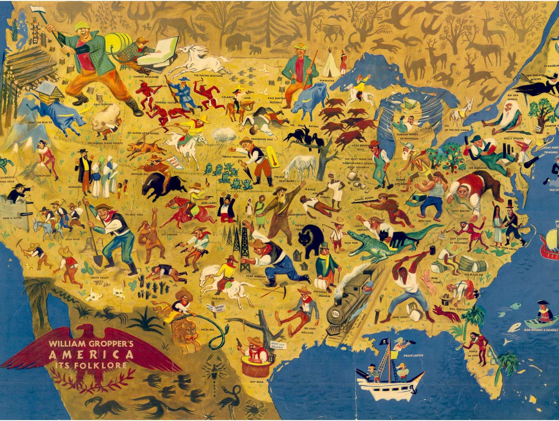 Groppers America Its Folklore 1946 Vintage Pictorial Map Large Wall Art Poster Print Thick Paper 18X24 Inch