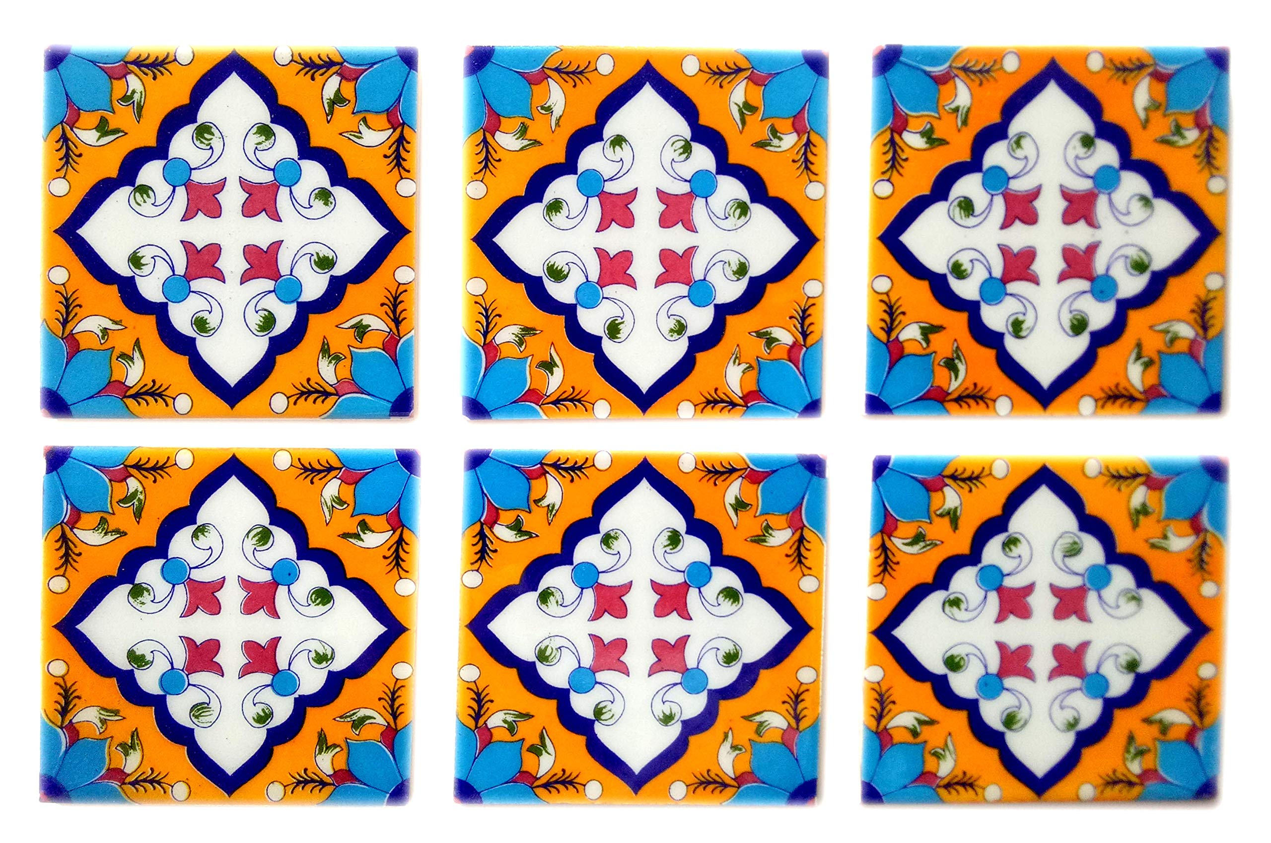 Shiv Kripa Blue Pottery Home Decor Border Tile Ceramic Blue Pottery Wall Tiles 4 x 4 Inch Set of 6 Tiles (Multi Color)