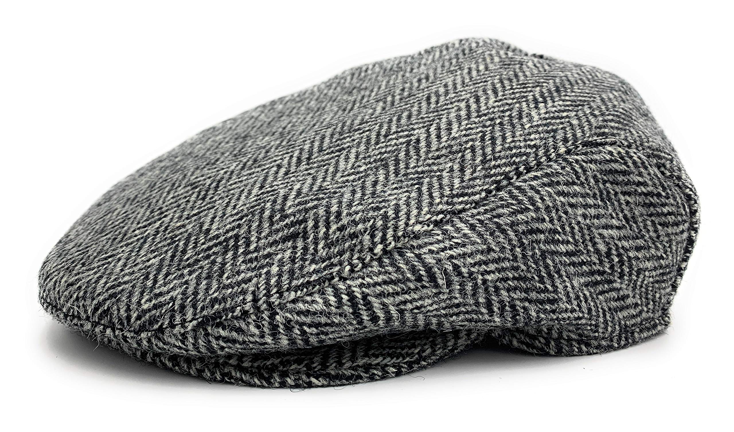 TARTAN TWEEDSMen’s Harris Tweed Flat Cap Grey Herringbone Comfort Fit Quilted Lining Made in Scotland